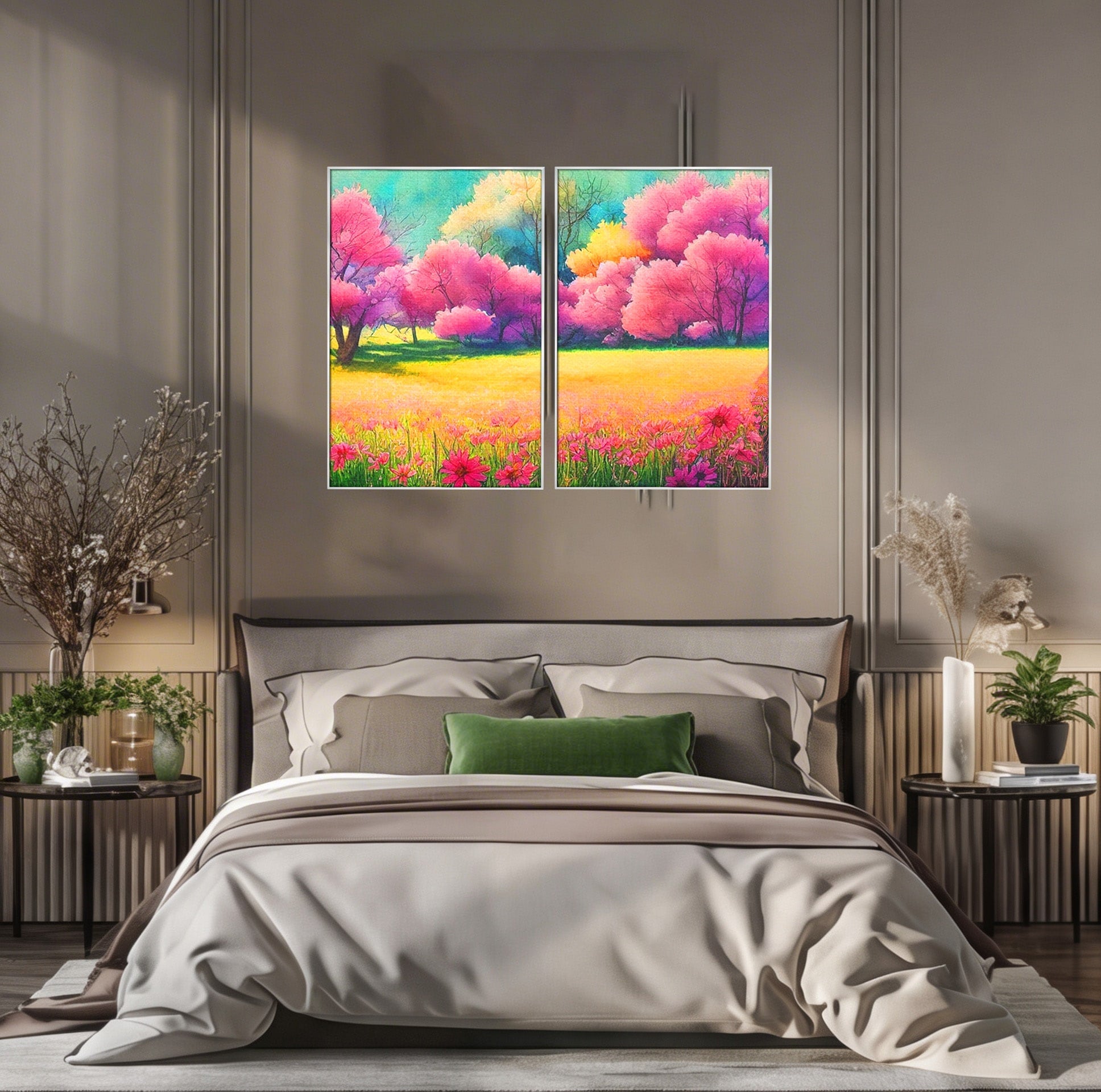 Set 2 Tablouri Canvas Premium LuxCanva® A2-1277, Copaci Roz, Living, Flori, Campie, Arbori, Cer, Dormitor, Culori Vibrante