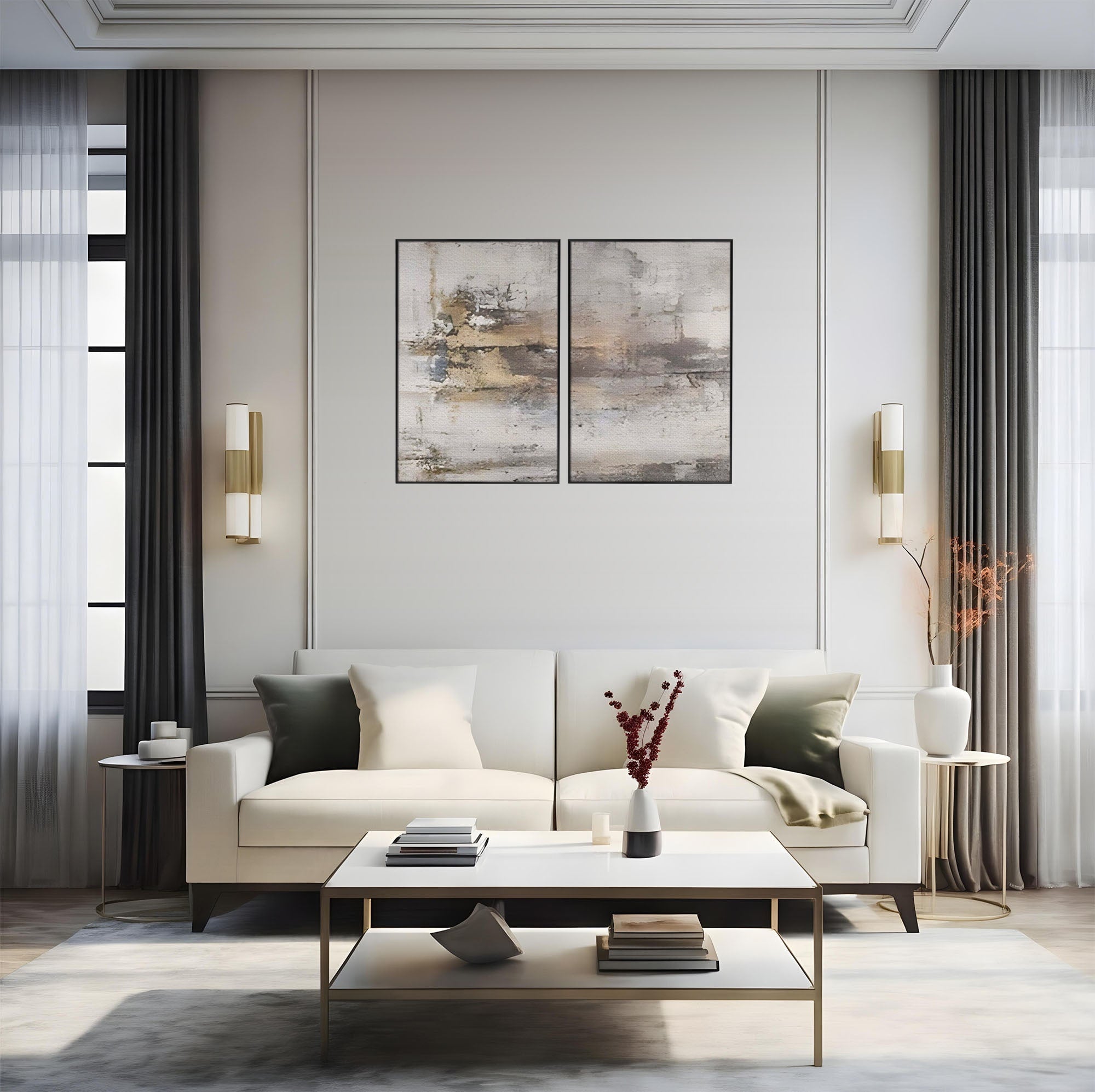 Set 2 Tablouri Canvas Premium LuxCanva® A2-1312, Abstract Gray, Living, Gri, Decorativ, Dormitor, Bronz, Culori Vibrante