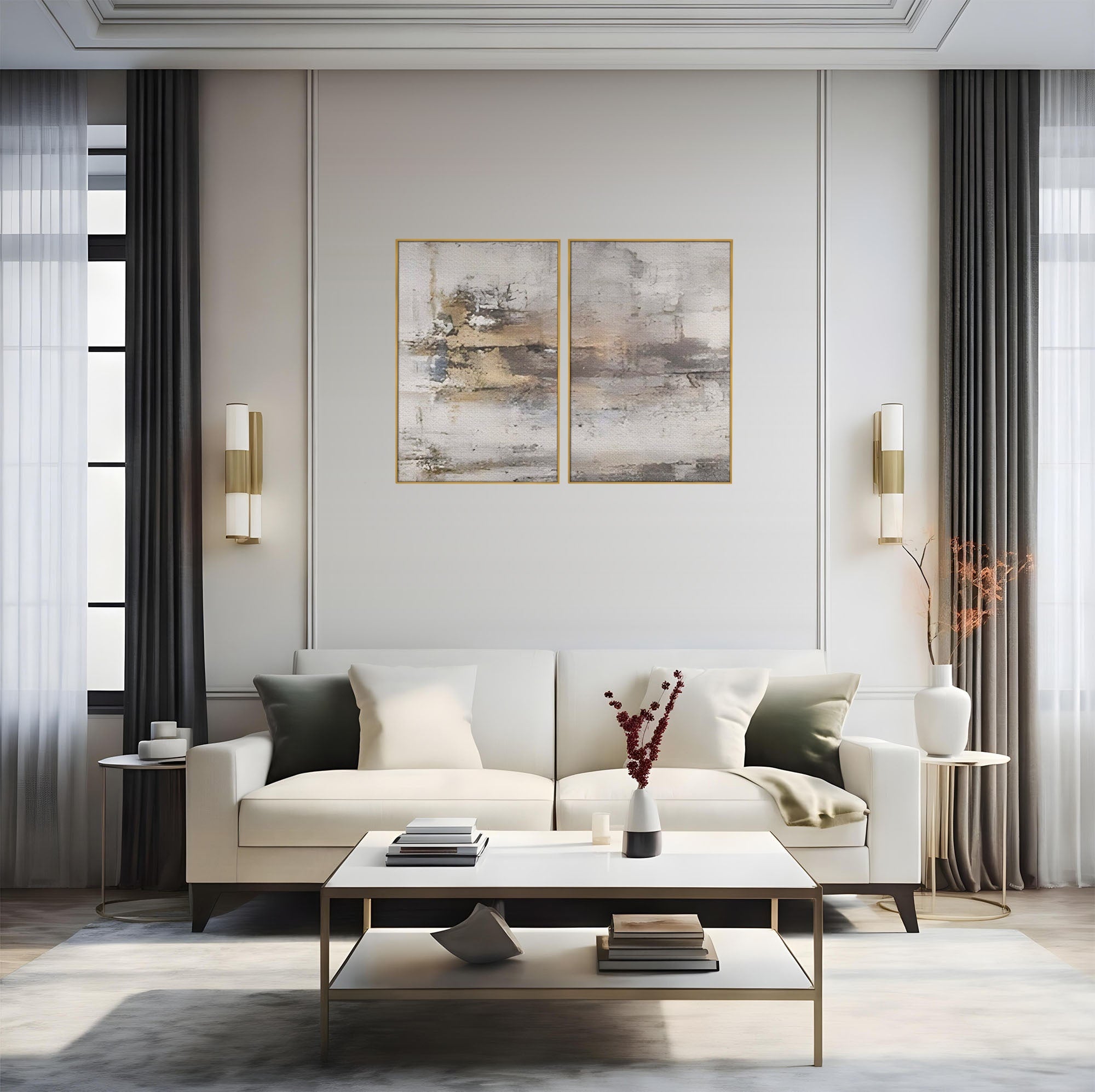 Set 2 Tablouri Canvas Premium LuxCanva® A2-1312, Abstract Gray, Living, Gri, Decorativ, Dormitor, Bronz, Culori Vibrante