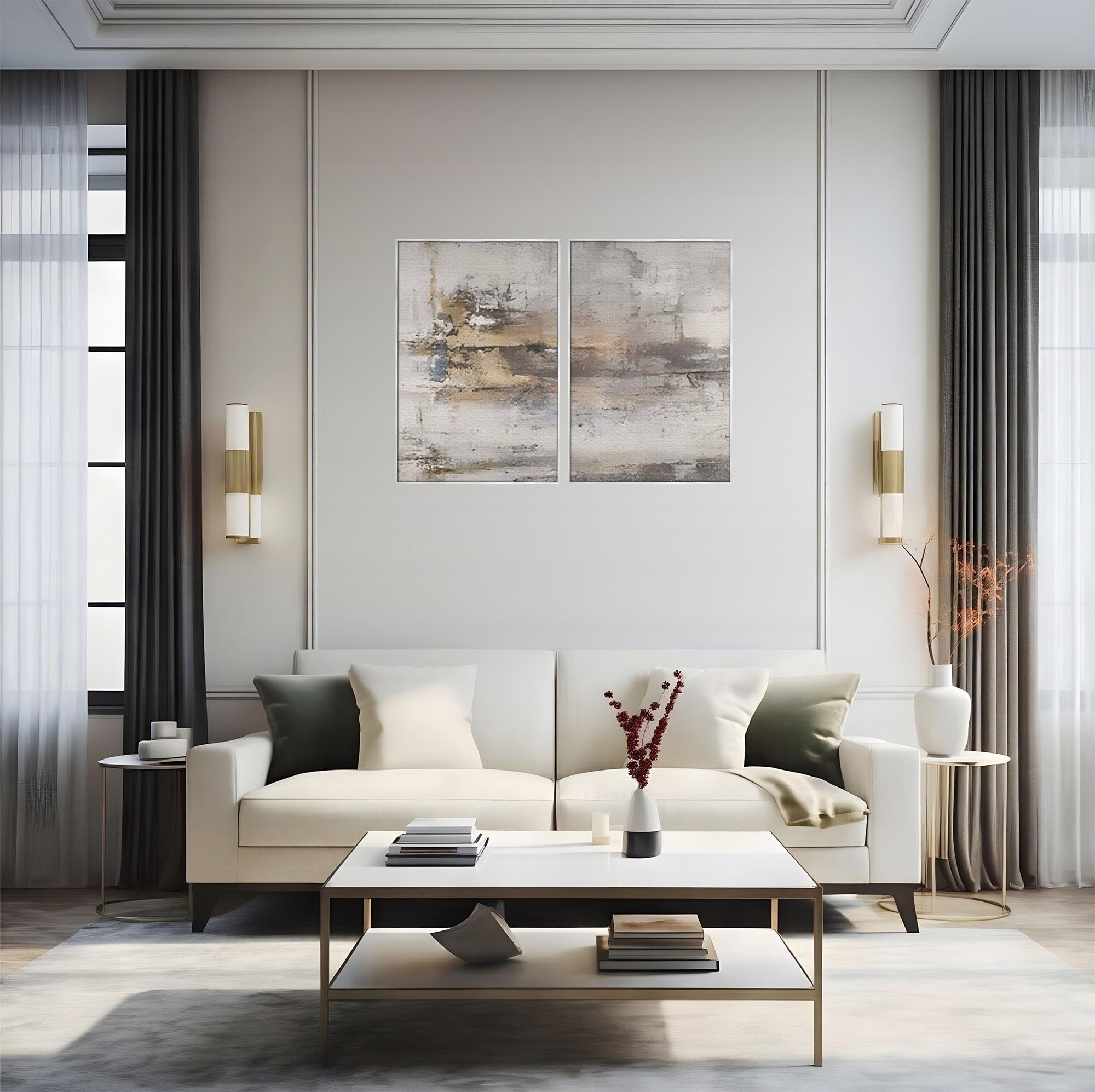 Set 2 Tablouri Canvas Premium LuxCanva® A2-1312, Abstract Gray, Living, Gri, Decorativ, Dormitor, Bronz, Culori Vibrante