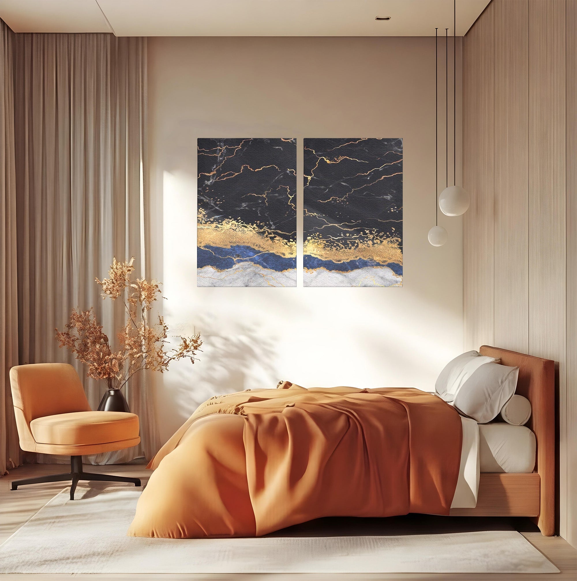 Set 2 Tablouri Canvas Premium LuxCanva® A2-1327, Black Marble, Living, Marmura, Abstract, Auriu, Dormitor, Culori Vibrante