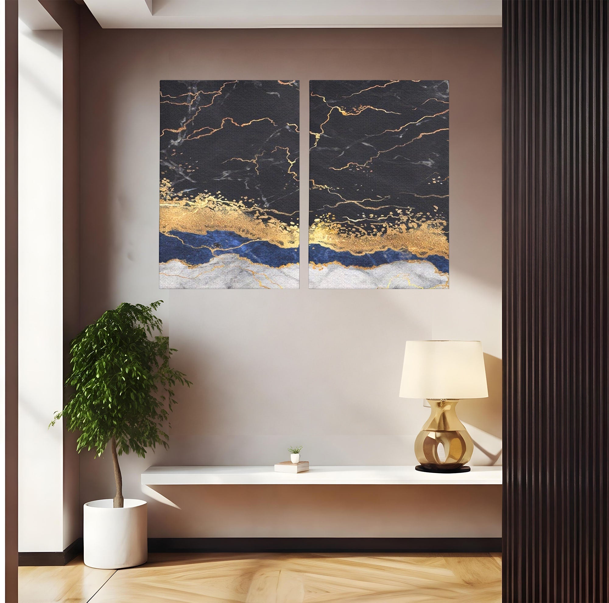 Set 2 Tablouri Canvas Premium LuxCanva® A2-1327, Black Marble, Living, Marmura, Abstract, Auriu, Dormitor, Culori Vibrante