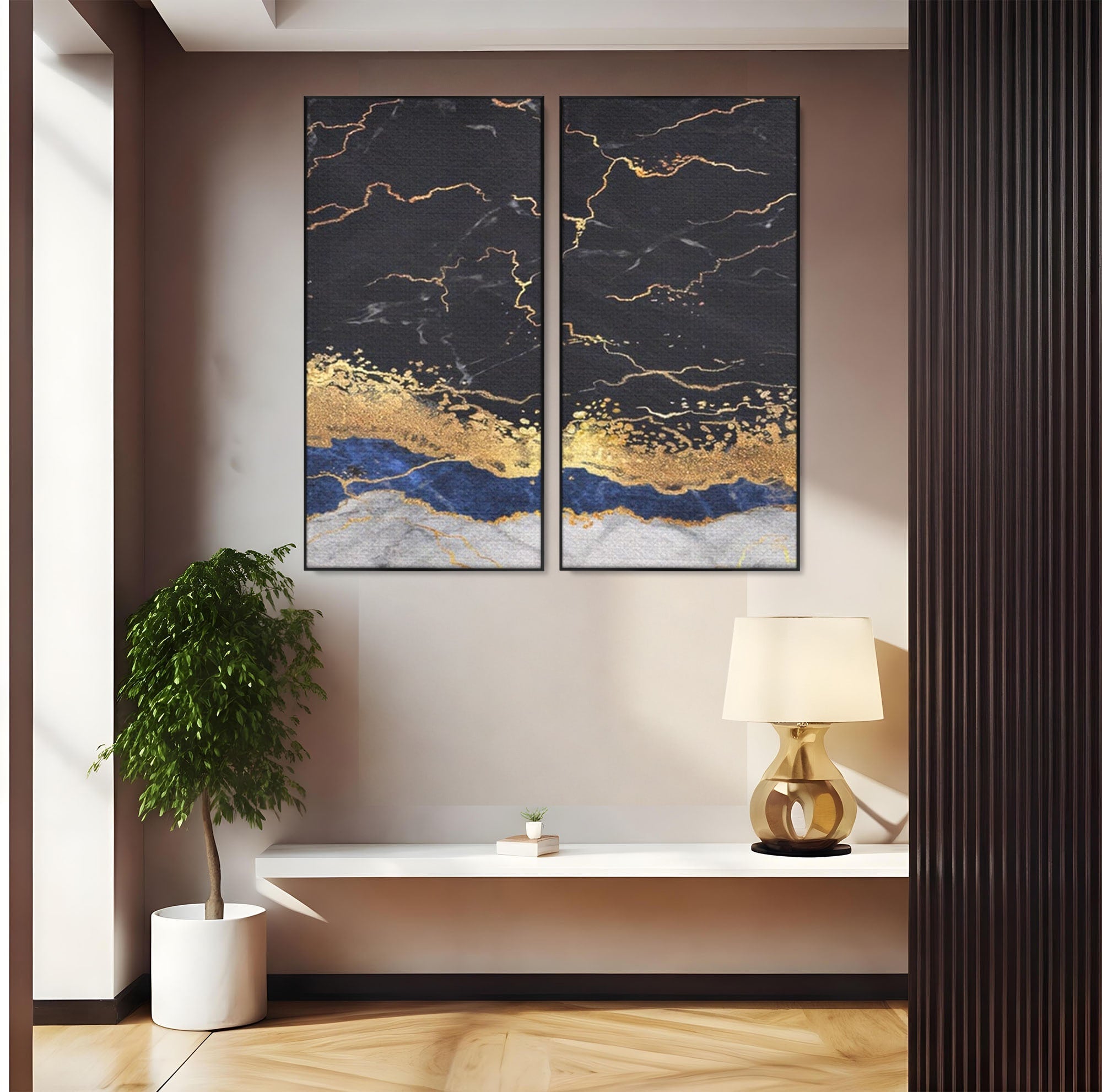 Set 2 Tablouri Canvas Premium LuxCanva® A2-1327, Black Marble, Living, Marmura, Abstract, Auriu, Dormitor, Culori Vibrante