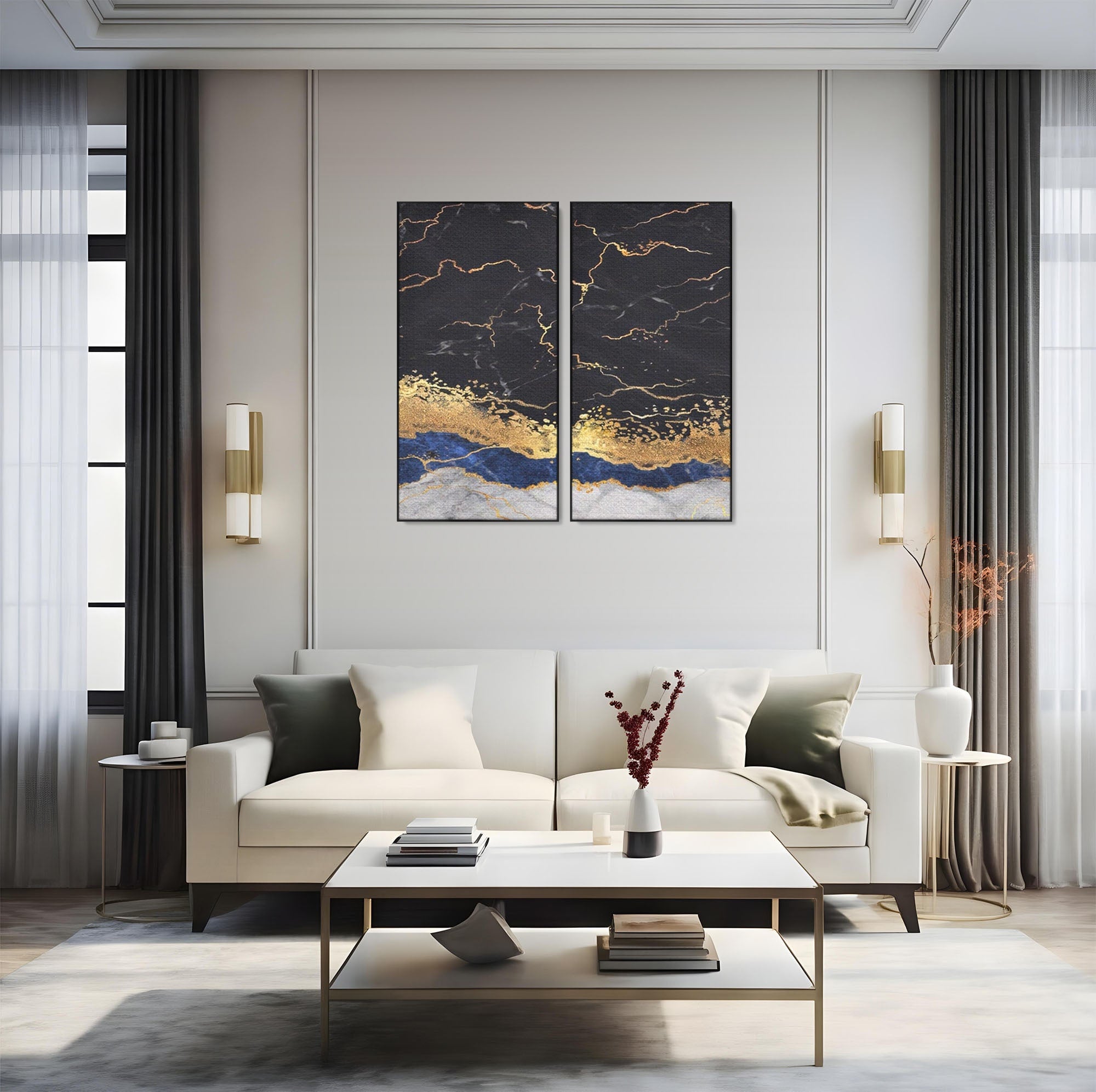 Set 2 Tablouri Canvas Premium LuxCanva® A2-1327, Black Marble, Living, Marmura, Abstract, Auriu, Dormitor, Culori Vibrante