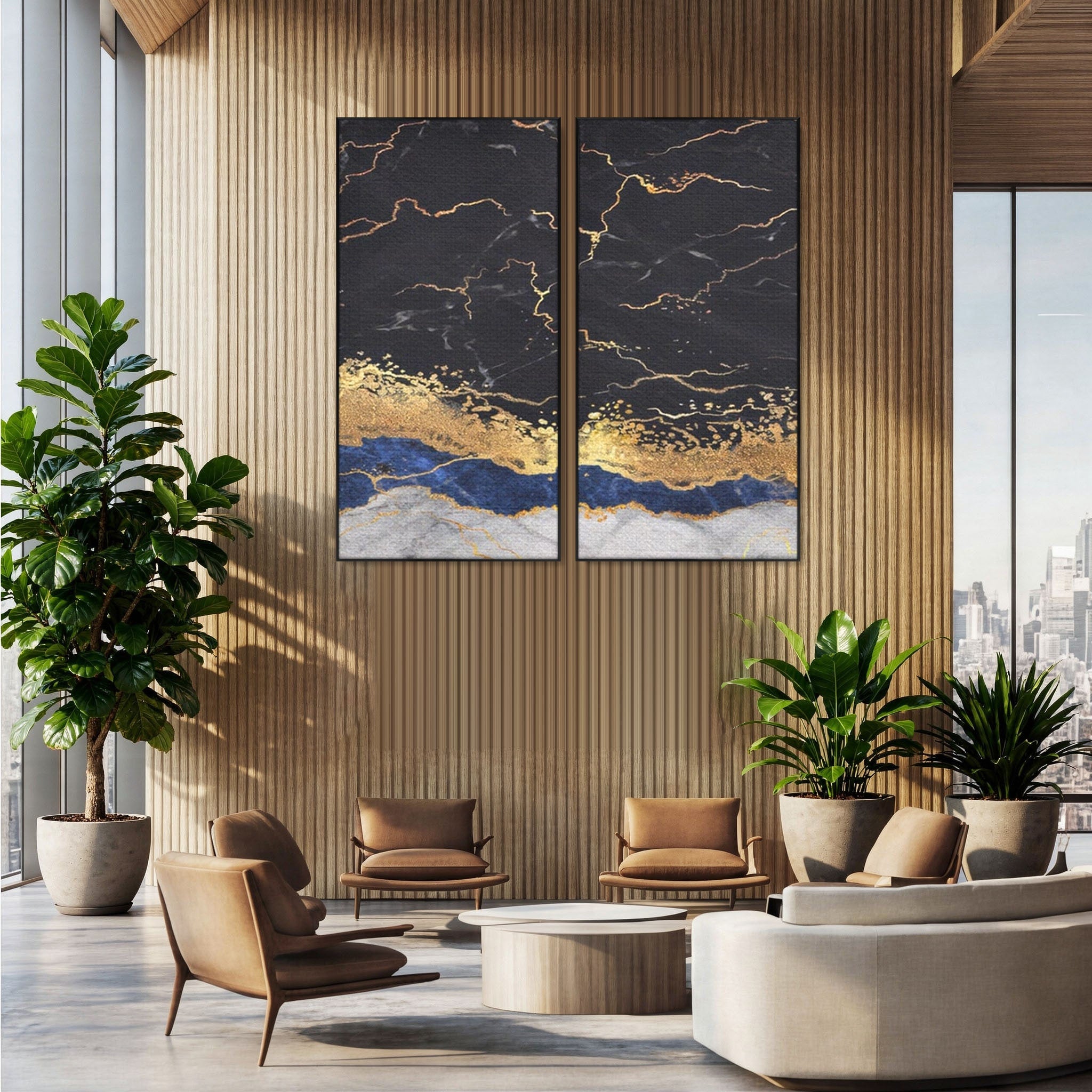 Set 2 Tablouri Canvas Premium LuxCanva® A2-1327, Black Marble, Living, Marmura, Abstract, Auriu, Dormitor, Culori Vibrante
