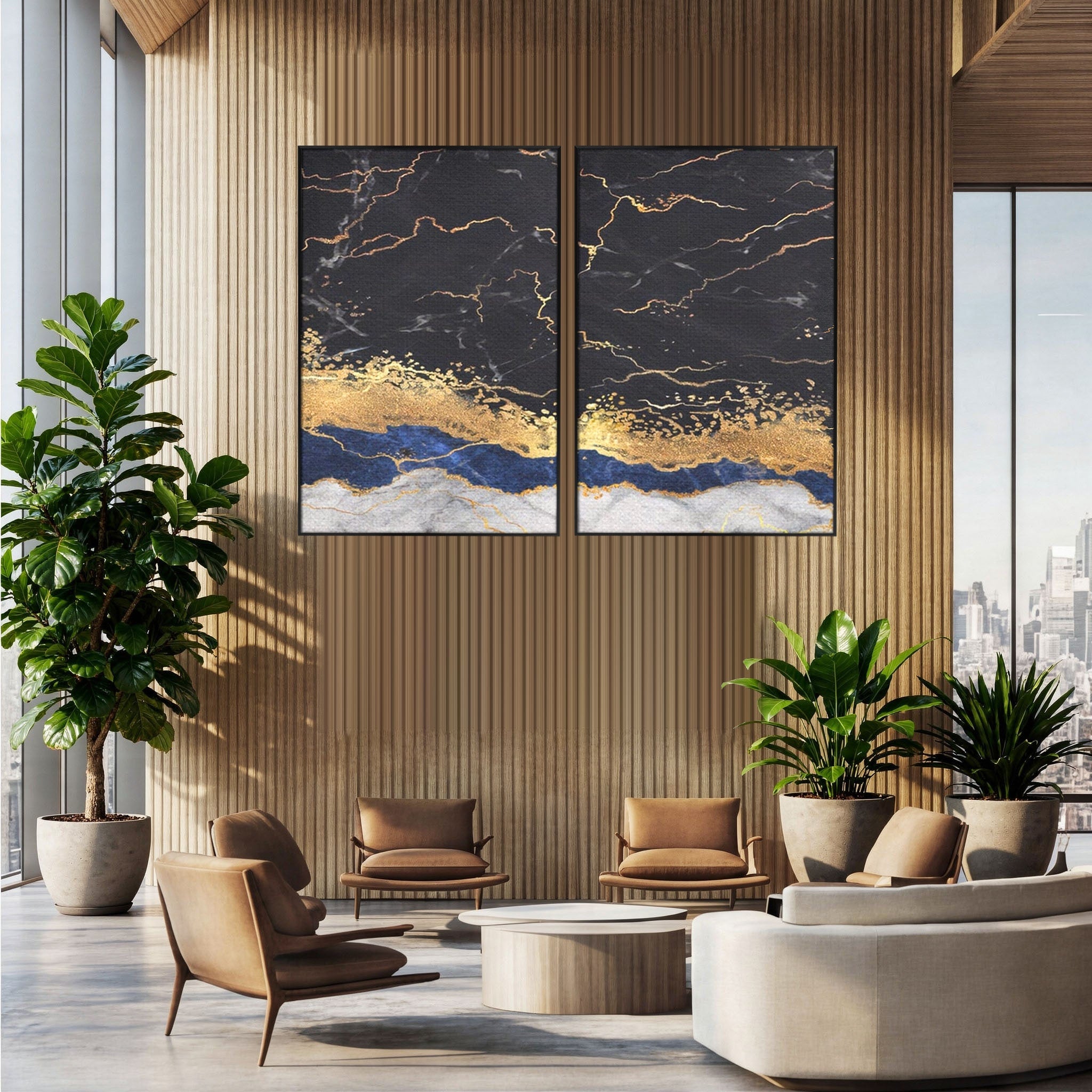 Set 2 Tablouri Canvas Premium LuxCanva® A2-1327, Black Marble, Living, Marmura, Abstract, Auriu, Dormitor, Culori Vibrante