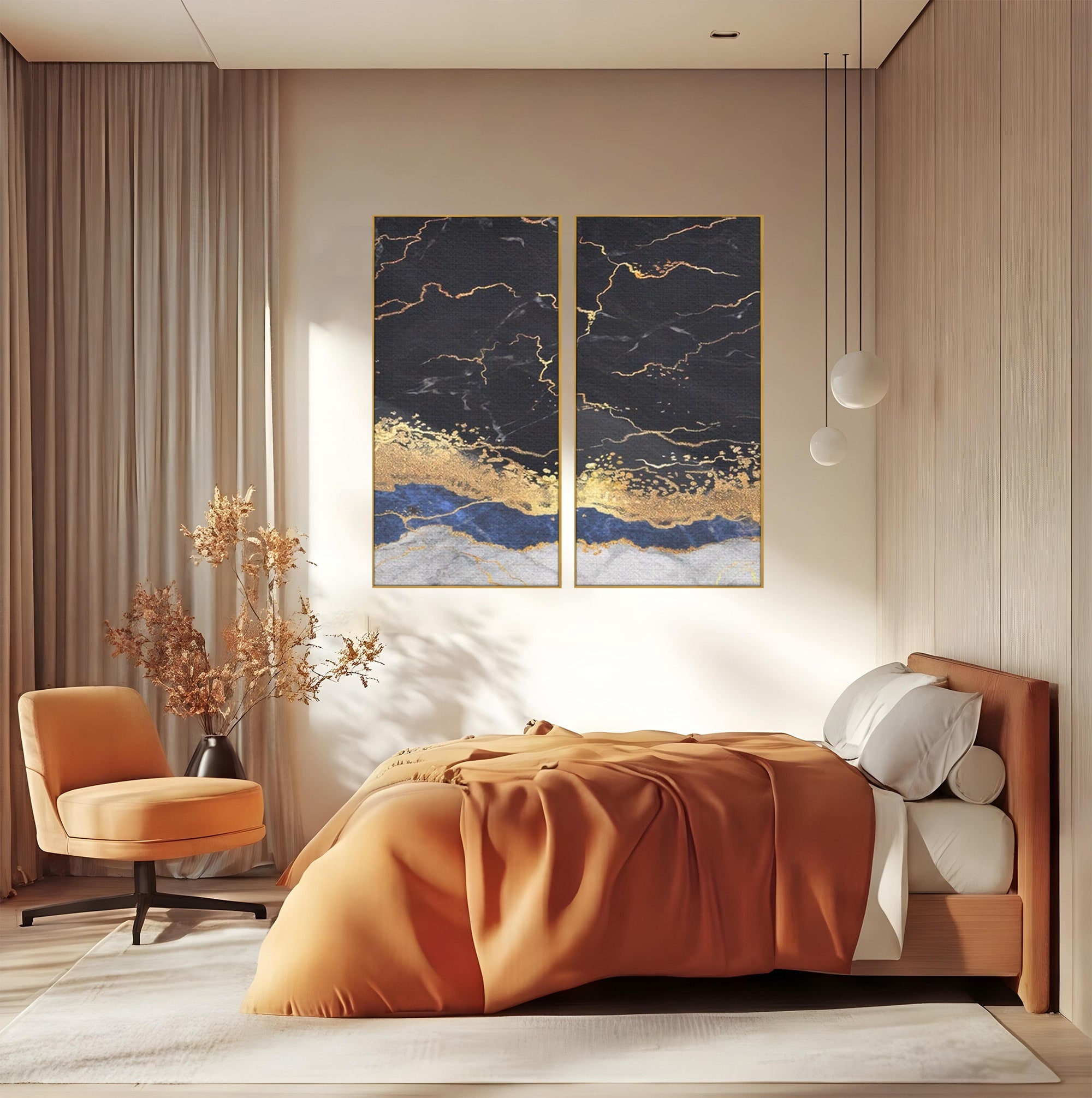 Set 2 Tablouri Canvas Premium LuxCanva® A2-1327, Black Marble, Living, Marmura, Abstract, Auriu, Dormitor, Culori Vibrante