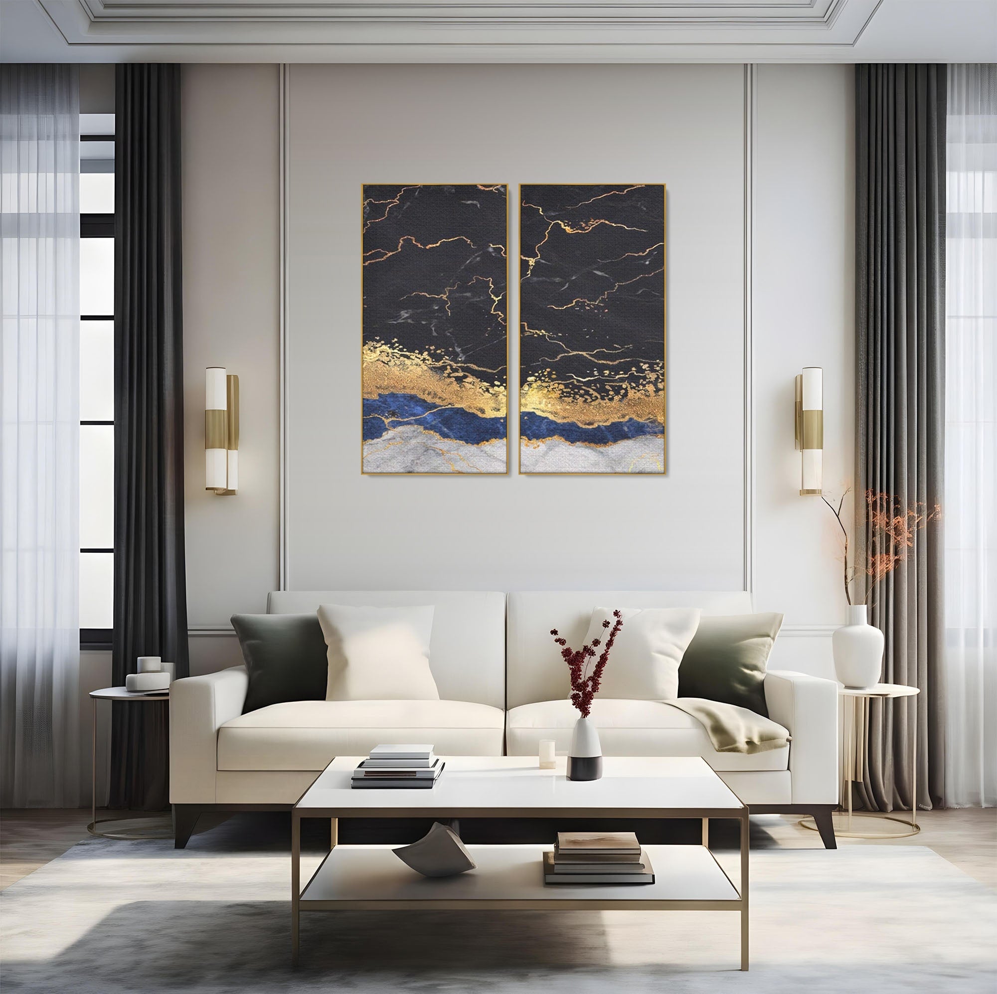Set 2 Tablouri Canvas Premium LuxCanva® A2-1327, Black Marble, Living, Marmura, Abstract, Auriu, Dormitor, Culori Vibrante