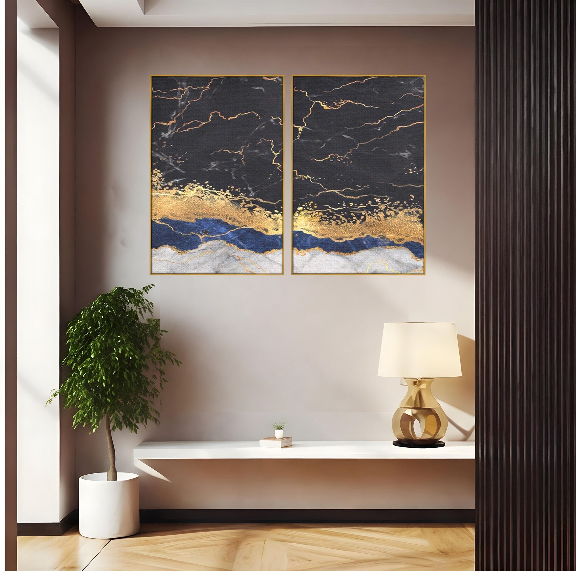Set 2 Tablouri Canvas Premium LuxCanva® A2-1327, Black Marble, Living, Marmura, Abstract, Auriu, Dormitor, Culori Vibrante