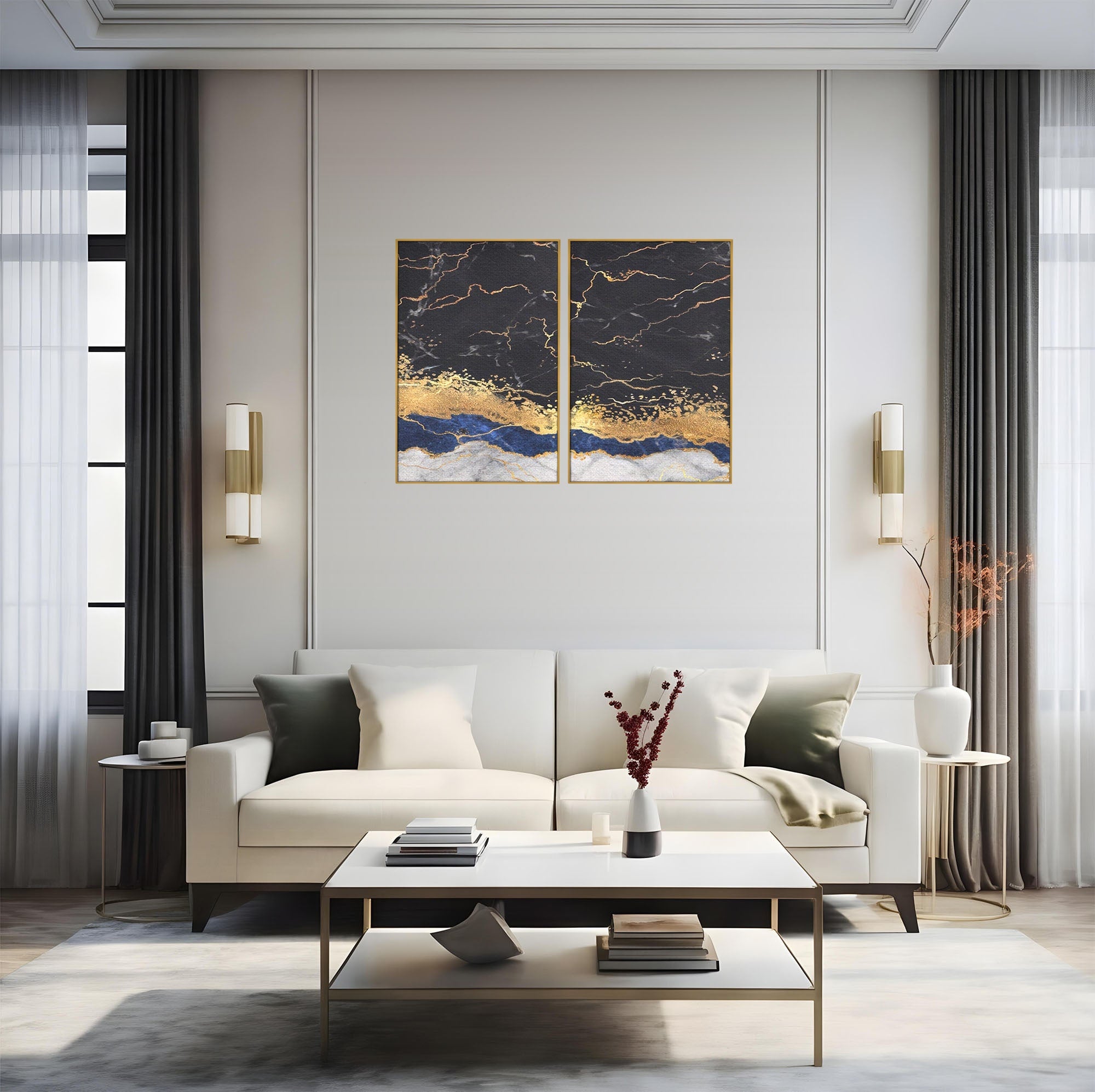 Set 2 Tablouri Canvas Premium LuxCanva® A2-1327, Black Marble, Living, Marmura, Abstract, Auriu, Dormitor, Culori Vibrante