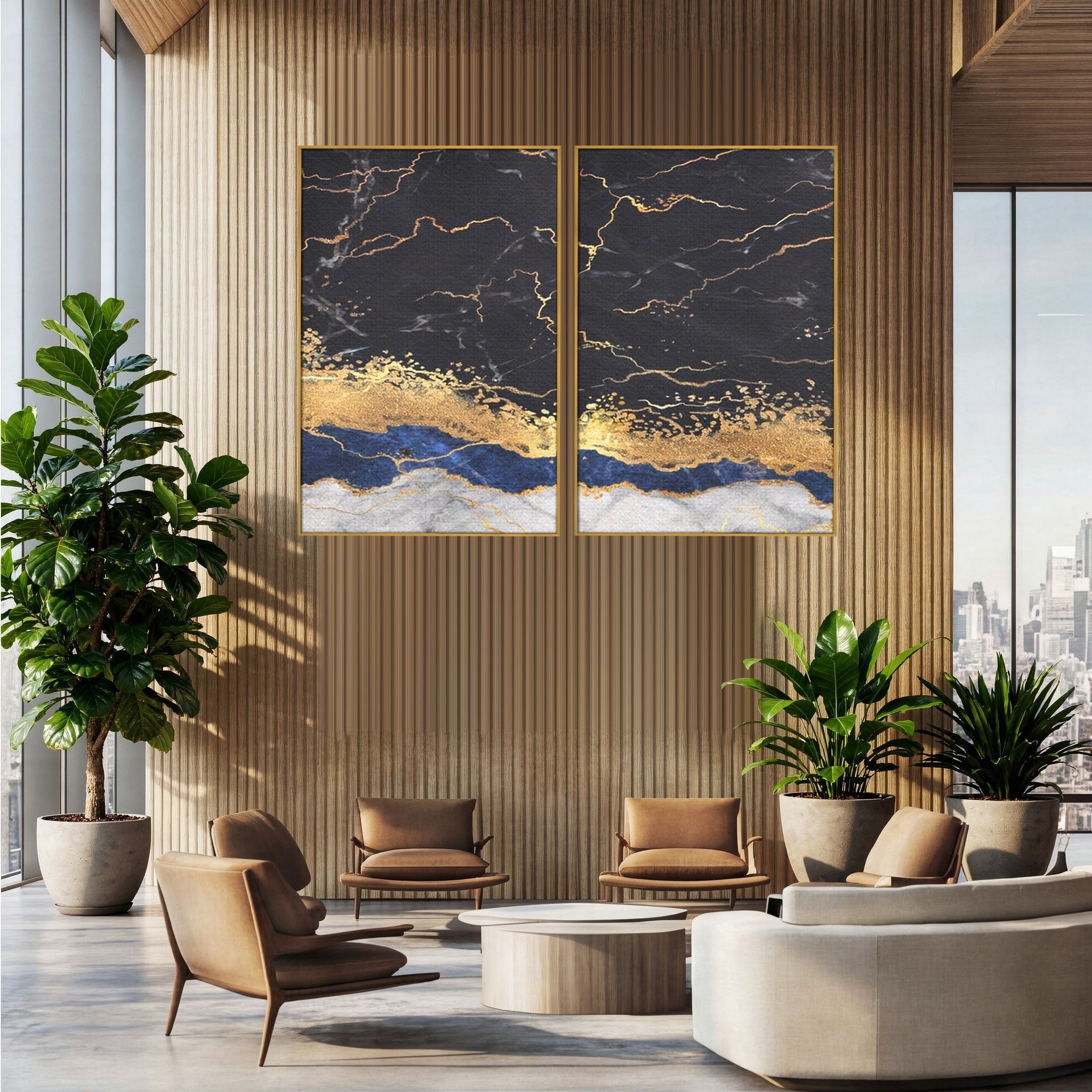 Set 2 Tablouri Canvas Premium LuxCanva® A2-1327, Black Marble, Living, Marmura, Abstract, Auriu, Dormitor, Culori Vibrante