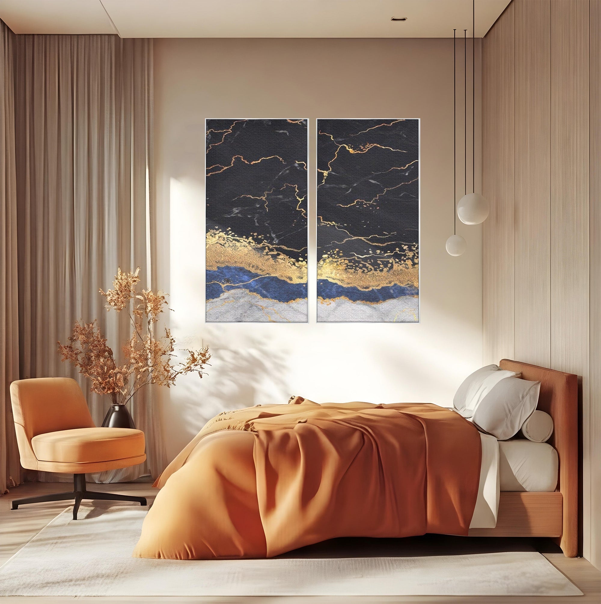 Set 2 Tablouri Canvas Premium LuxCanva® A2-1327, Black Marble, Living, Marmura, Abstract, Auriu, Dormitor, Culori Vibrante