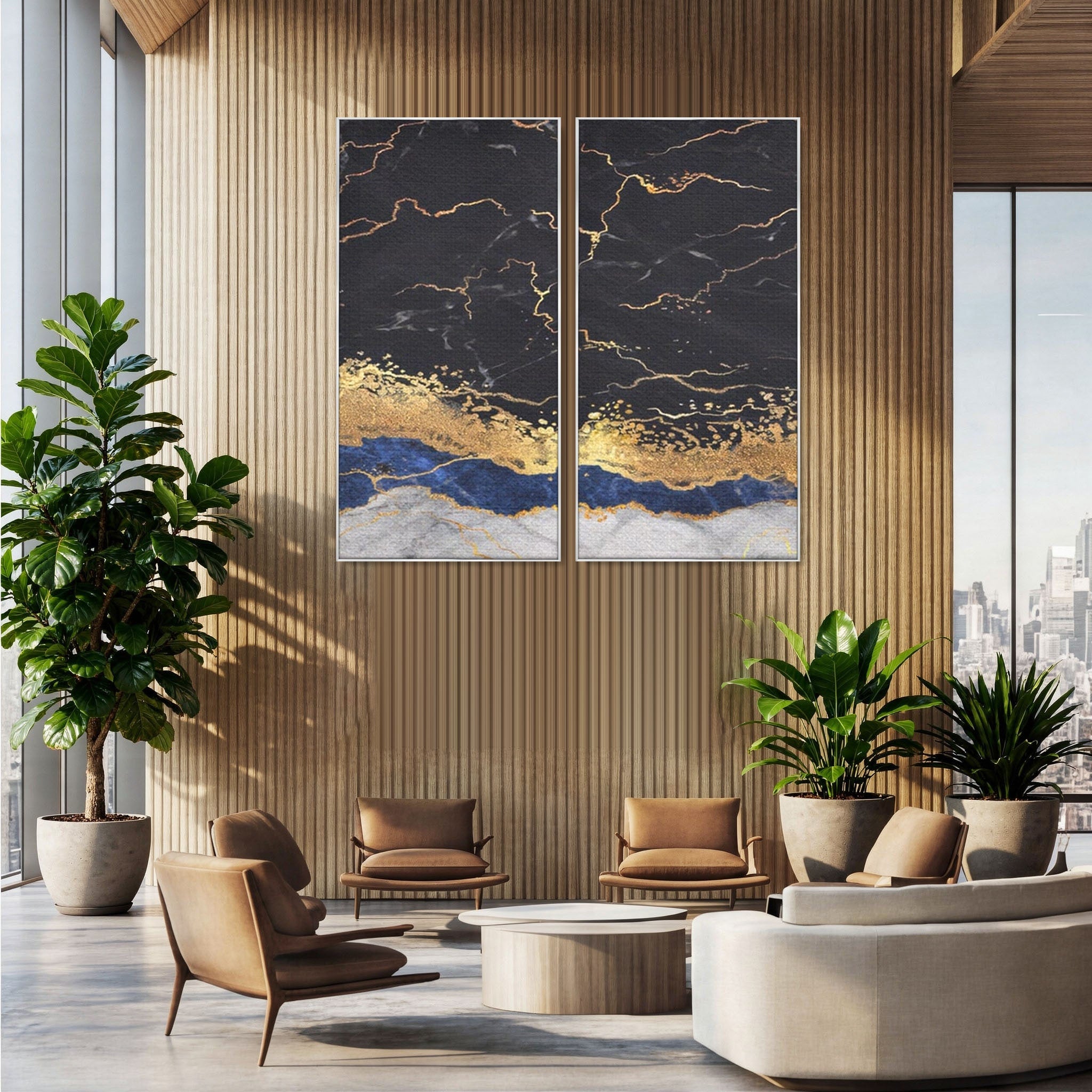 Set 2 Tablouri Canvas Premium LuxCanva® A2-1327, Black Marble, Living, Marmura, Abstract, Auriu, Dormitor, Culori Vibrante