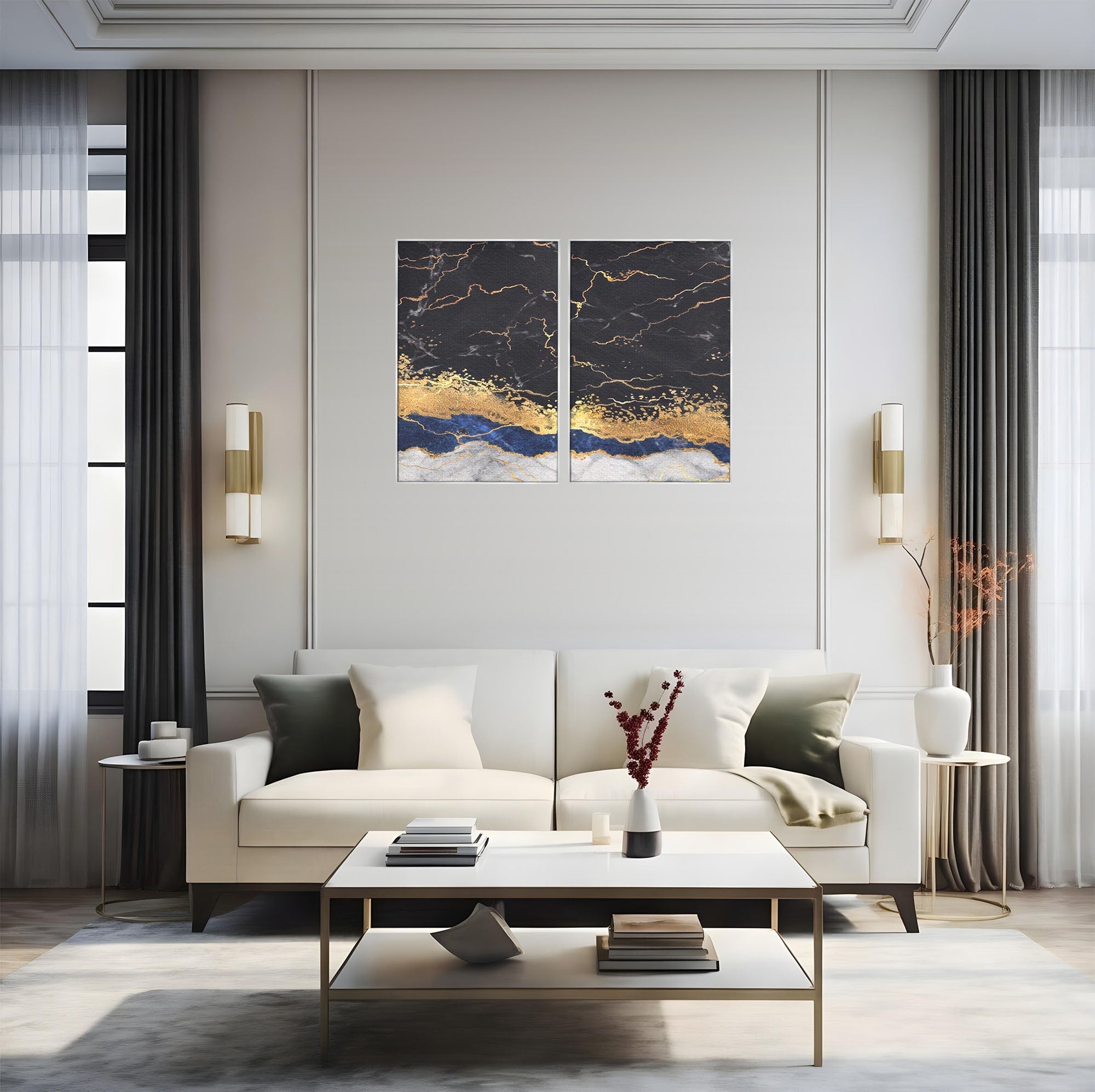 Set 2 Tablouri Canvas Premium LuxCanva® A2-1327, Black Marble, Living, Marmura, Abstract, Auriu, Dormitor, Culori Vibrante