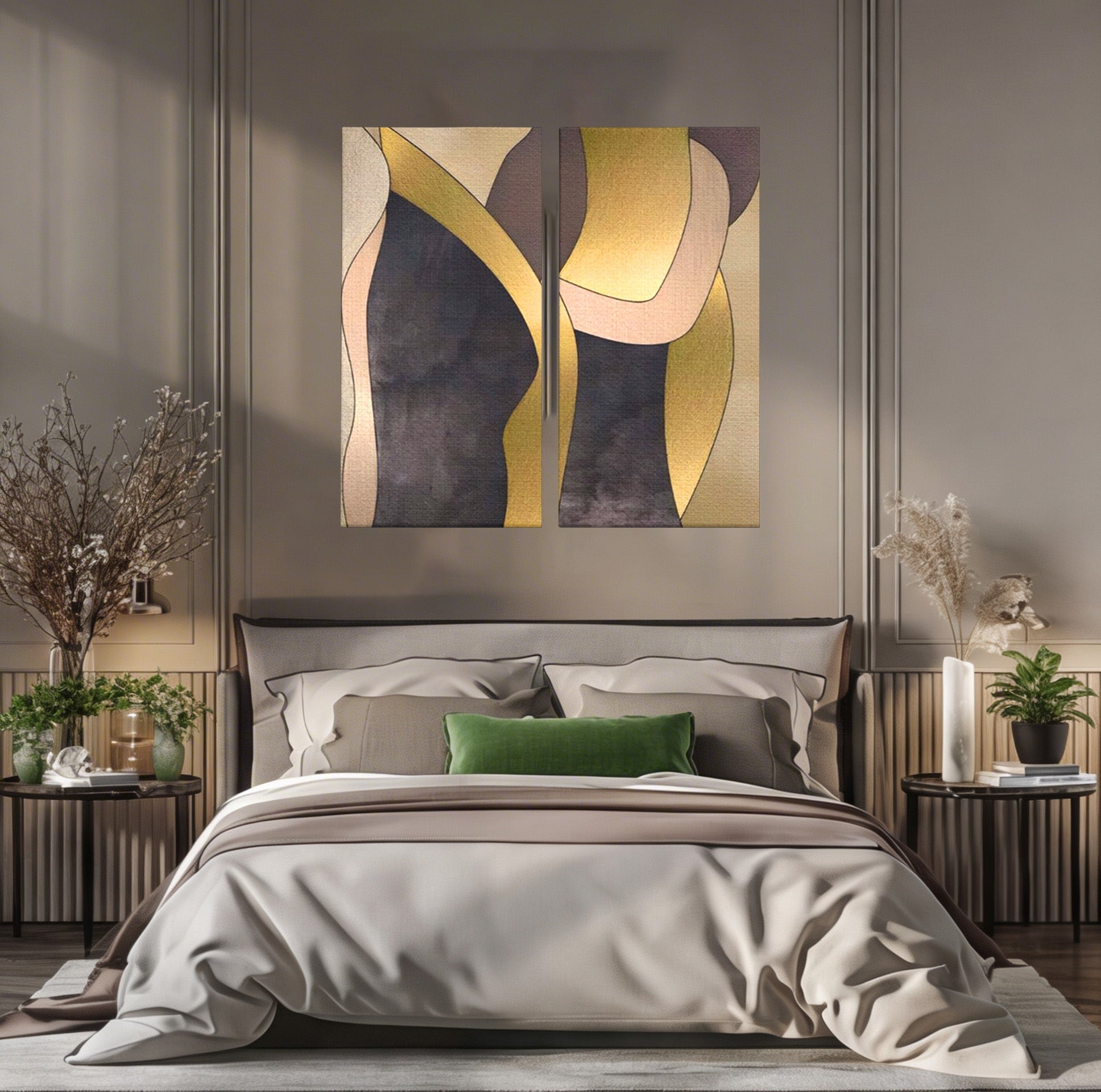 Set 2 Tablouri Canvas Premium LuxCanva® A2-1378, Siluete, Dormitor, Abstract, Auriu, Decorativ, Living, Culori Vibrante