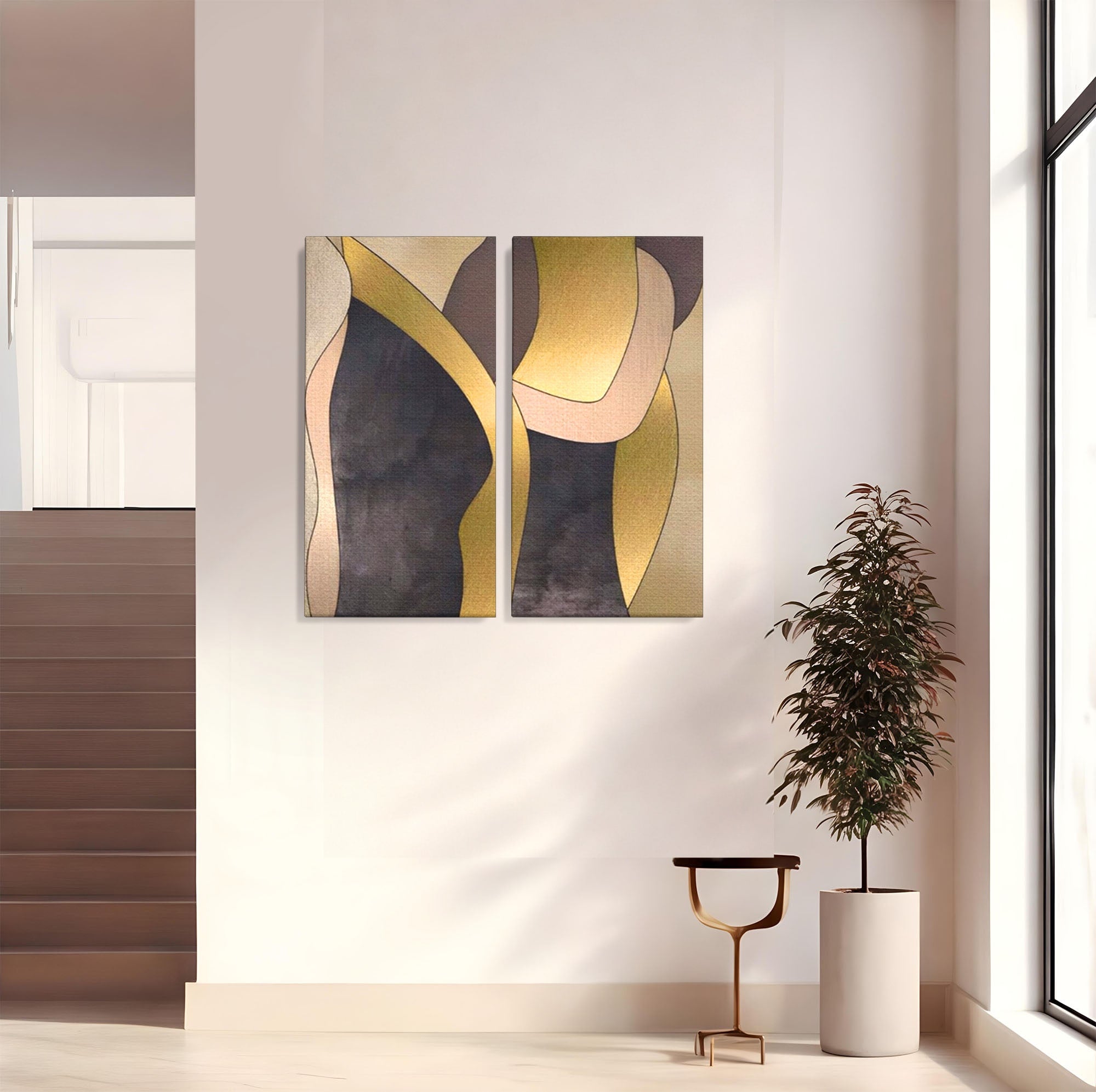 Set 2 Tablouri Canvas Premium LuxCanva® A2-1378, Siluete, Dormitor, Abstract, Auriu, Decorativ, Living, Culori Vibrante