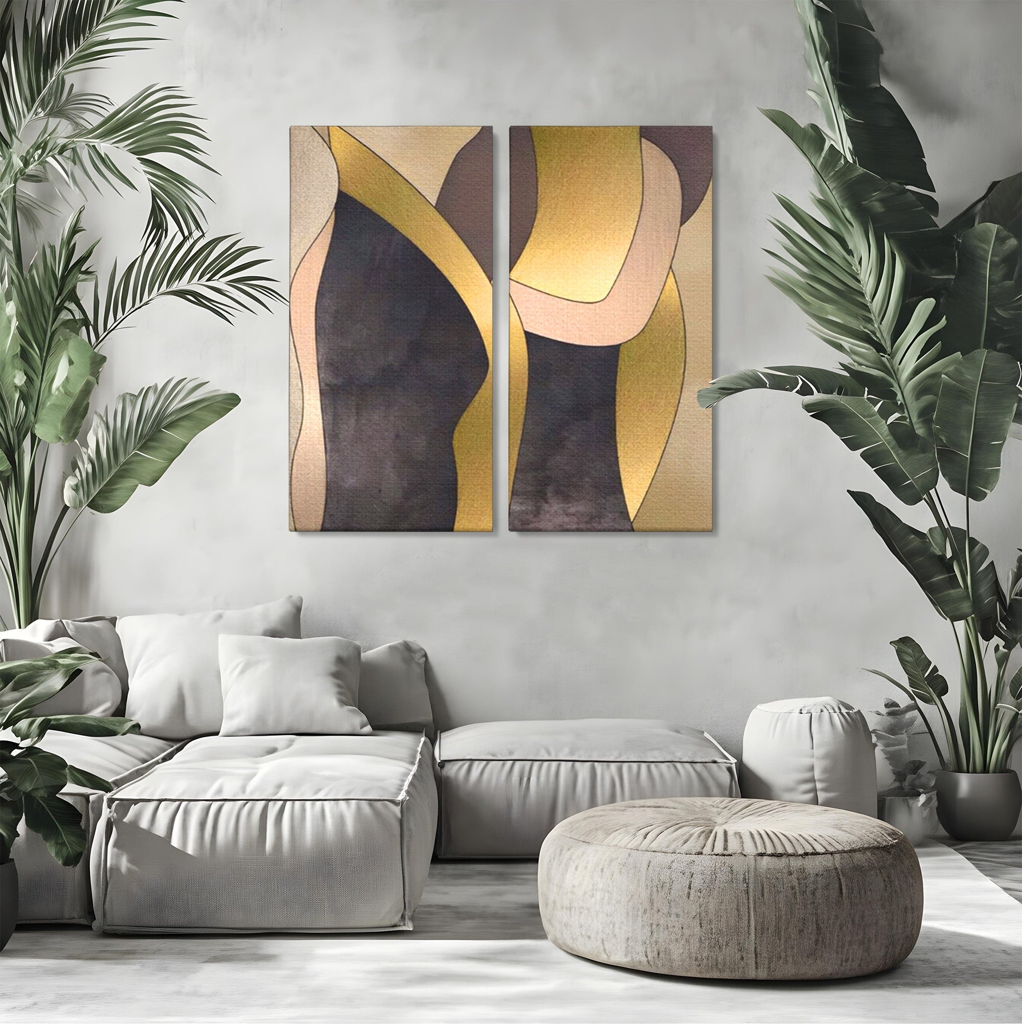 Set 2 Tablouri Canvas Premium LuxCanva® A2-1378, Siluete, Dormitor, Abstract, Auriu, Decorativ, Living, Culori Vibrante