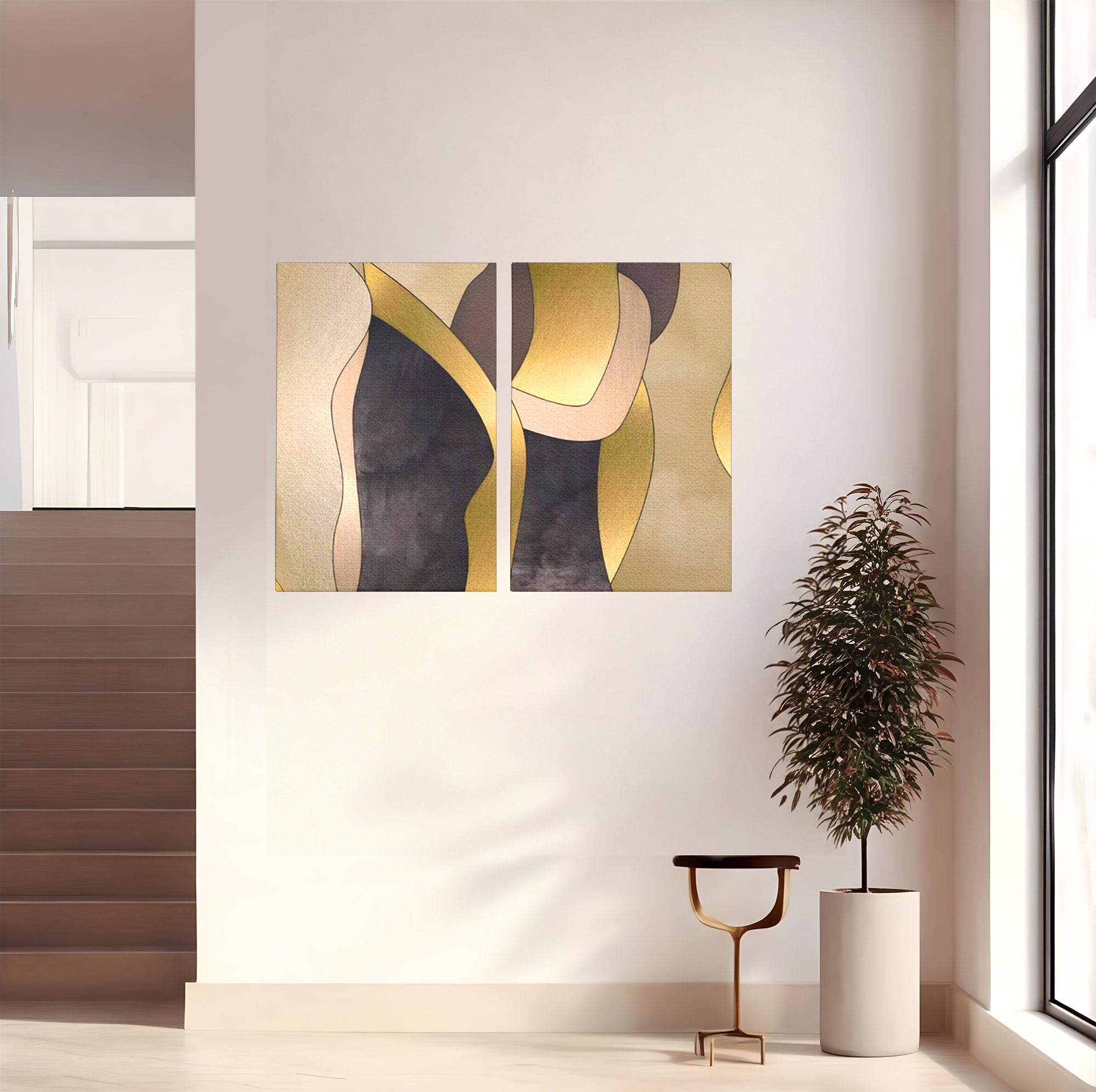 Set 2 Tablouri Canvas Premium LuxCanva® A2-1378, Siluete, Dormitor, Abstract, Auriu, Decorativ, Living, Culori Vibrante