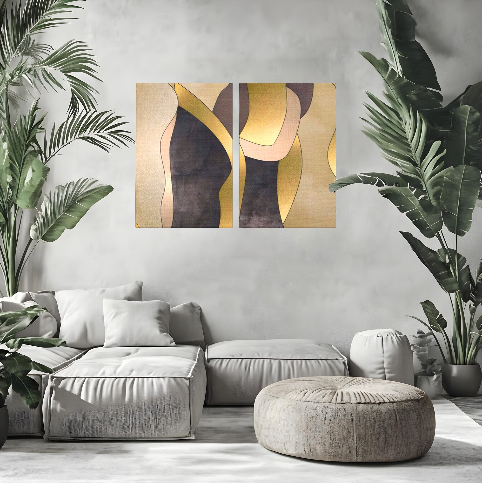 Set 2 Tablouri Canvas Premium LuxCanva® A2-1378, Siluete, Dormitor, Abstract, Auriu, Decorativ, Living, Culori Vibrante