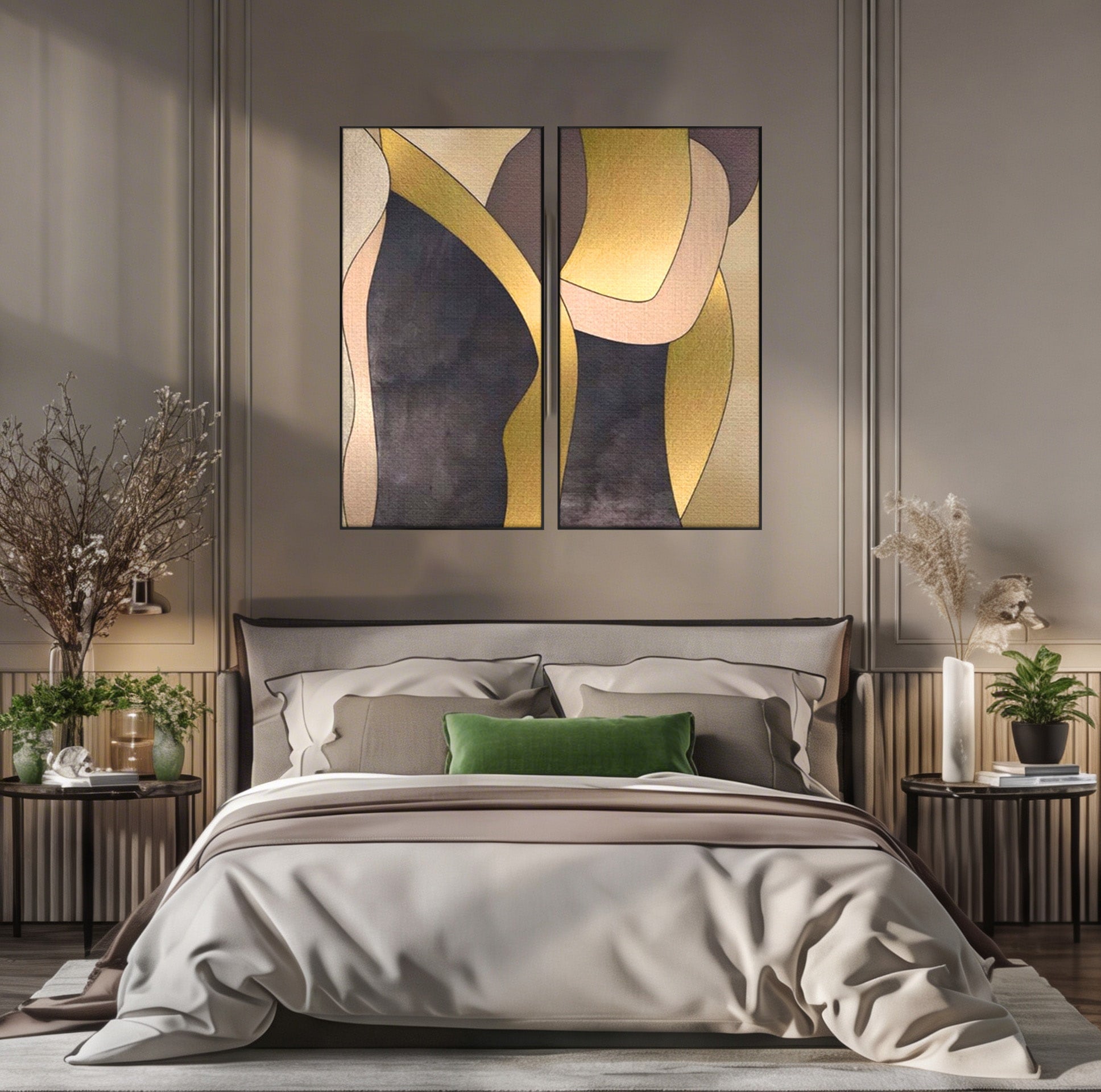 Set 2 Tablouri Canvas Premium LuxCanva® A2-1378, Siluete, Dormitor, Abstract, Auriu, Decorativ, Living, Culori Vibrante