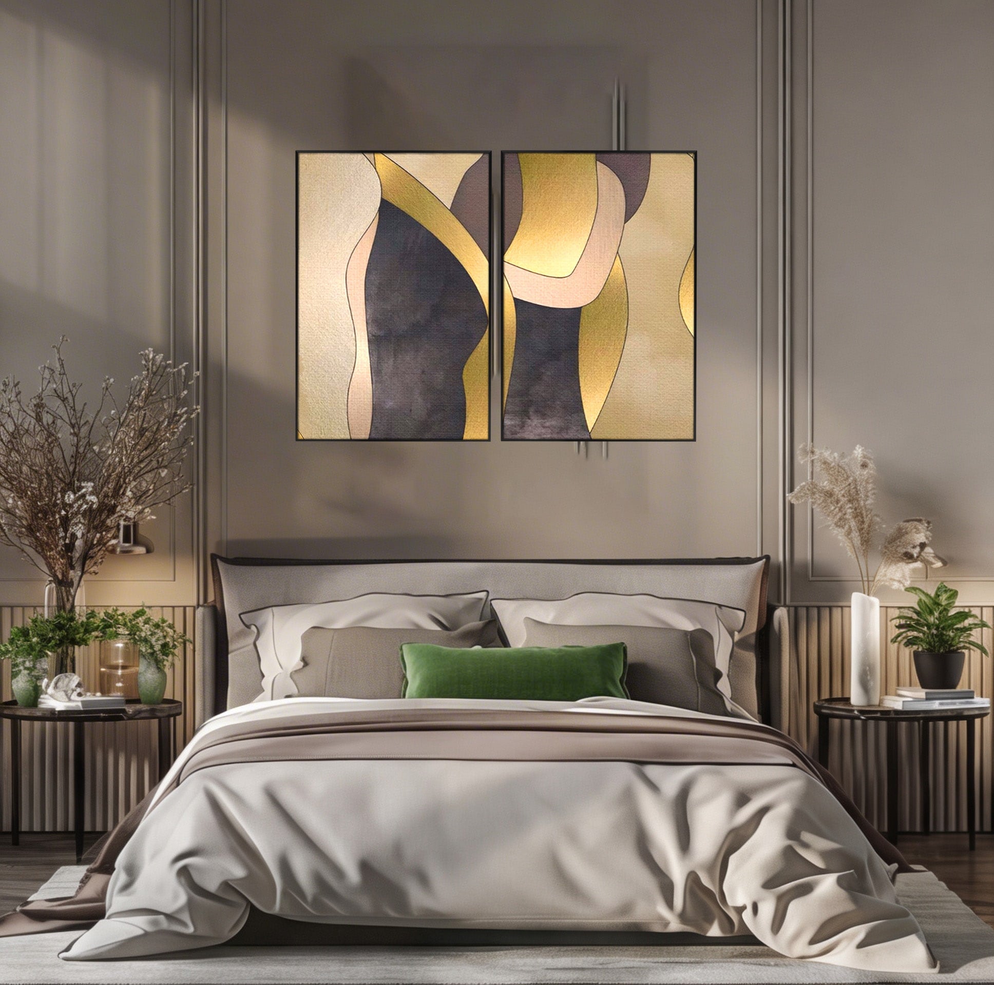 Set 2 Tablouri Canvas Premium LuxCanva® A2-1378, Siluete, Dormitor, Abstract, Auriu, Decorativ, Living, Culori Vibrante