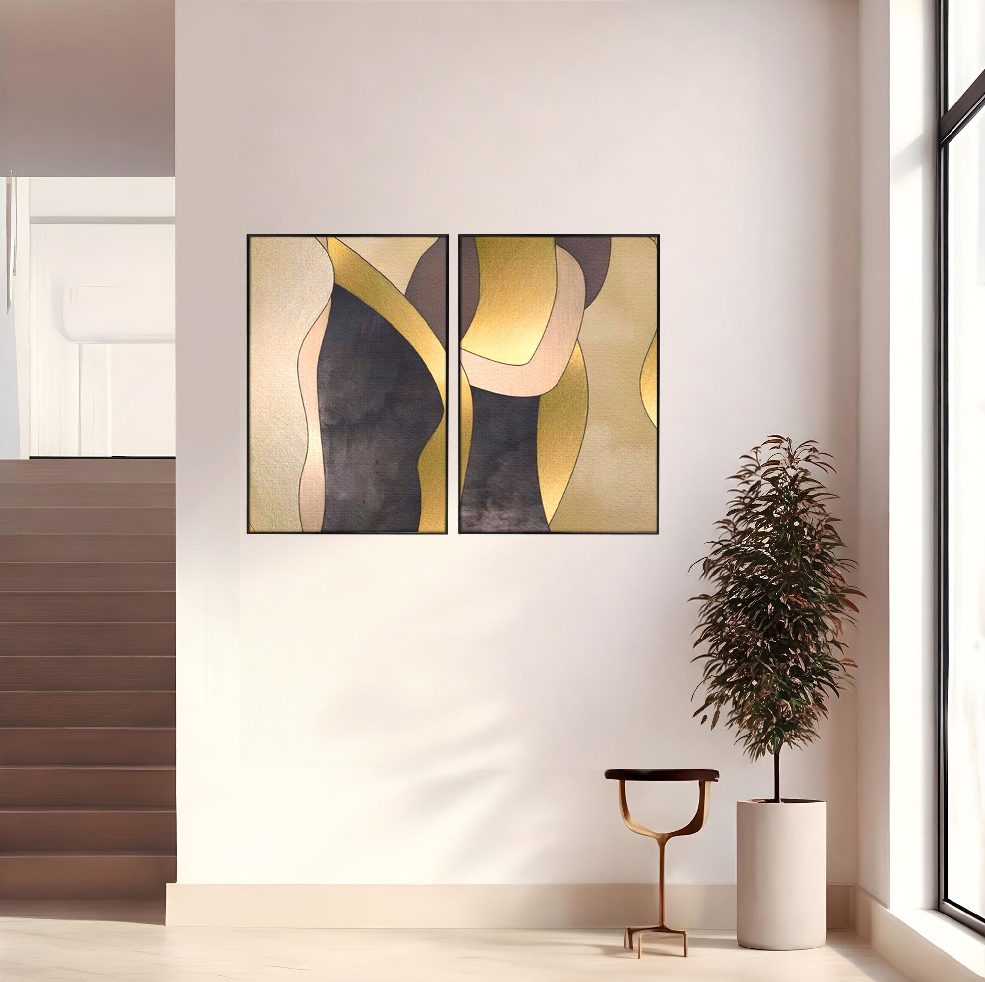 Set 2 Tablouri Canvas Premium LuxCanva® A2-1378, Siluete, Dormitor, Abstract, Auriu, Decorativ, Living, Culori Vibrante