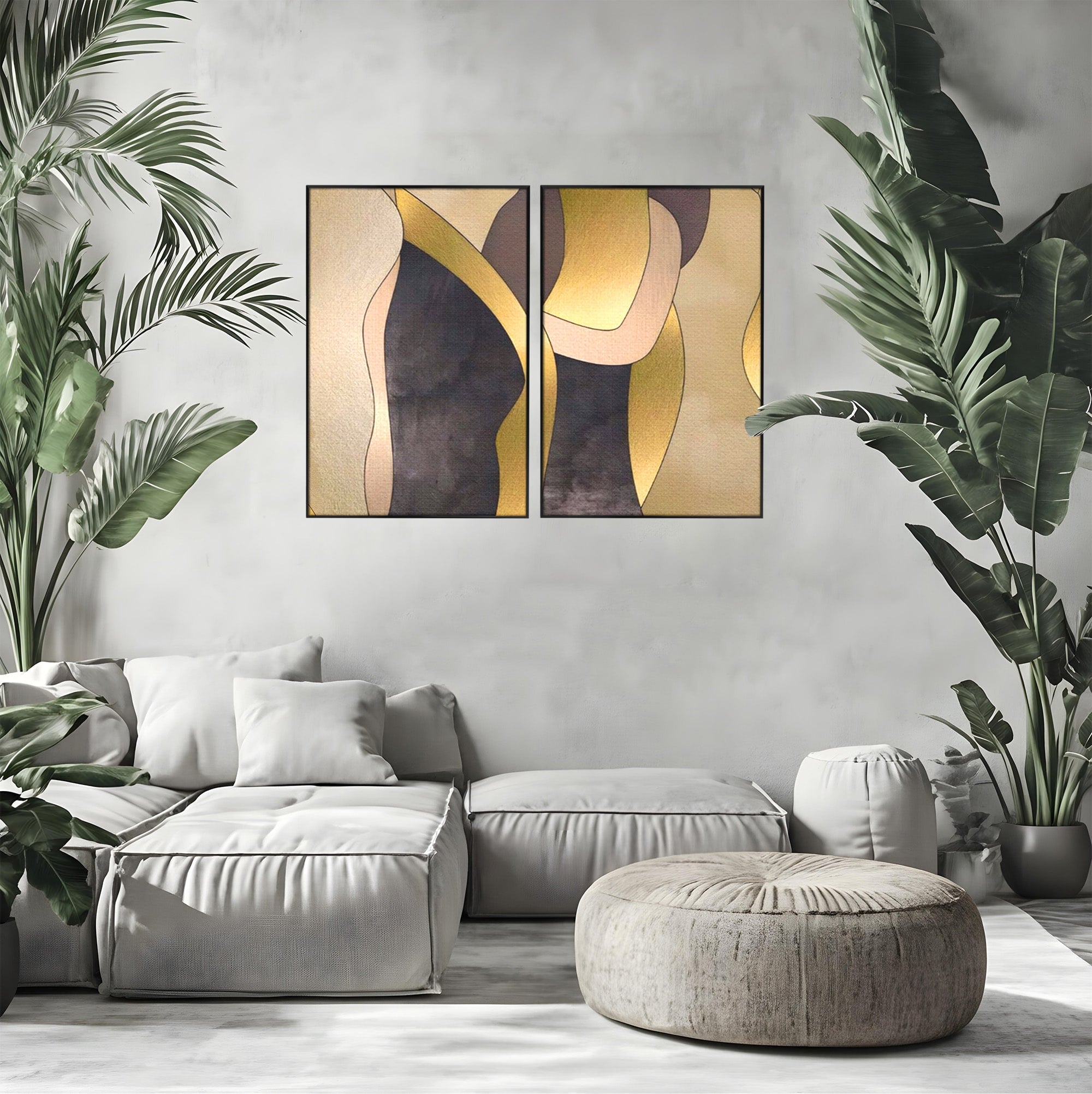 Set 2 Tablouri Canvas Premium LuxCanva® A2-1378, Siluete, Dormitor, Abstract, Auriu, Decorativ, Living, Culori Vibrante