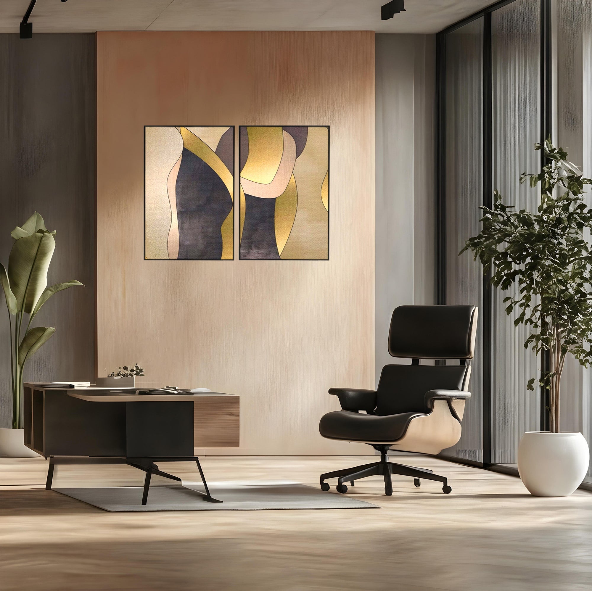 Set 2 Tablouri Canvas Premium LuxCanva® A2-1378, Siluete, Dormitor, Abstract, Auriu, Decorativ, Living, Culori Vibrante
