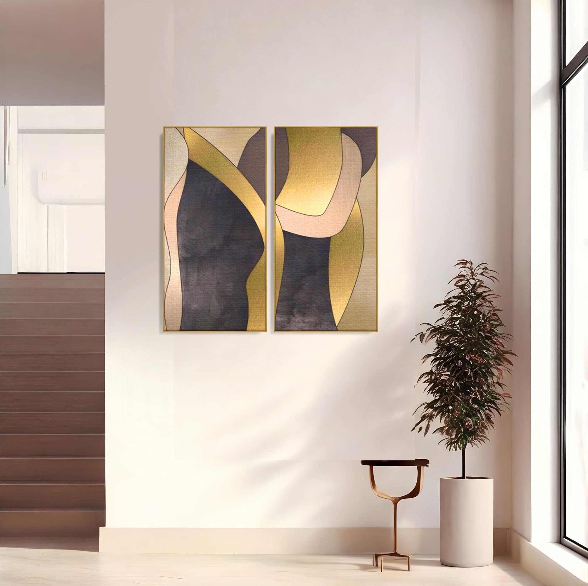 Set 2 Tablouri Canvas Premium LuxCanva® A2-1378, Siluete, Dormitor, Abstract, Auriu, Decorativ, Living, Culori Vibrante