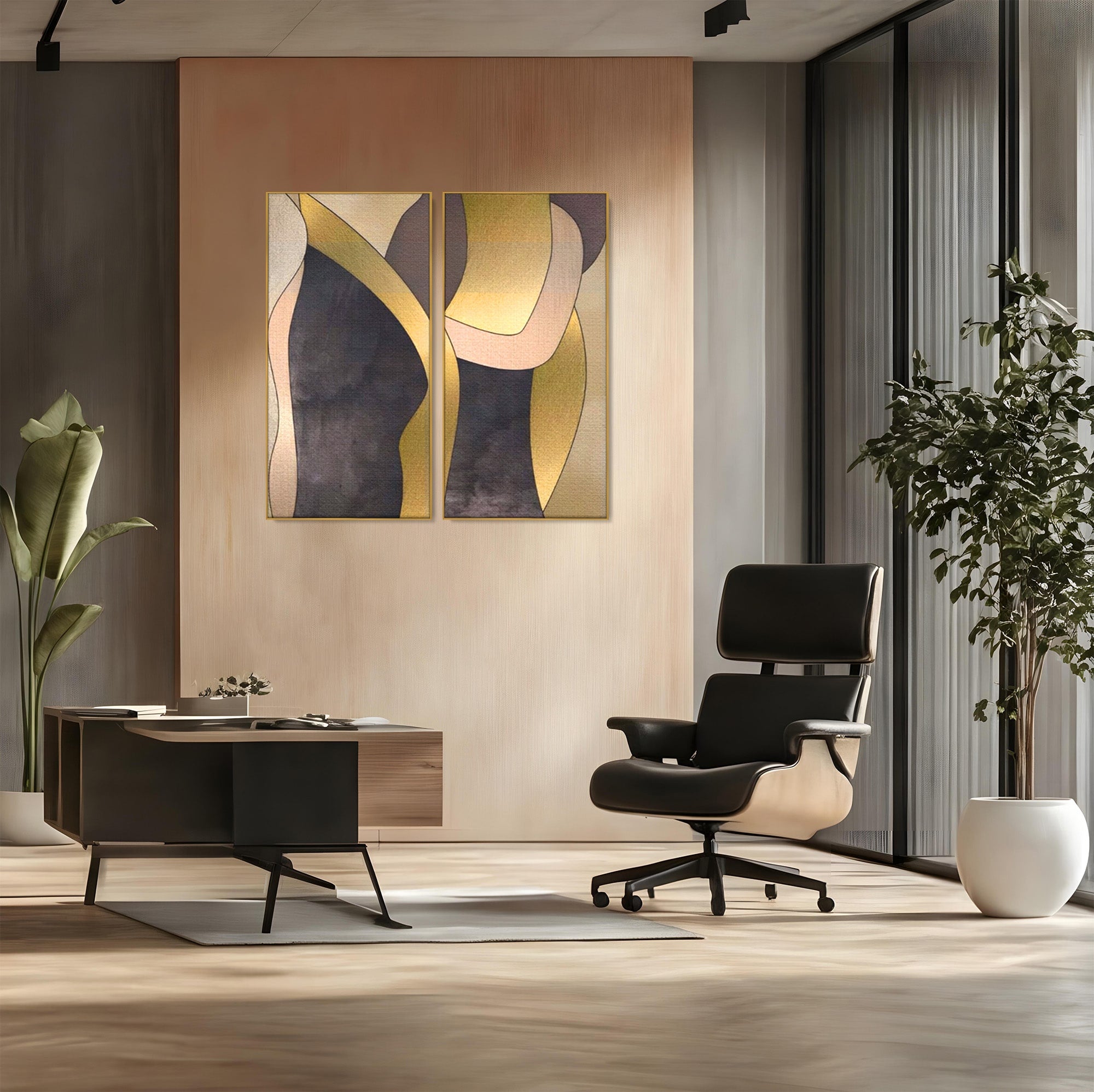 Set 2 Tablouri Canvas Premium LuxCanva® A2-1378, Siluete, Dormitor, Abstract, Auriu, Decorativ, Living, Culori Vibrante