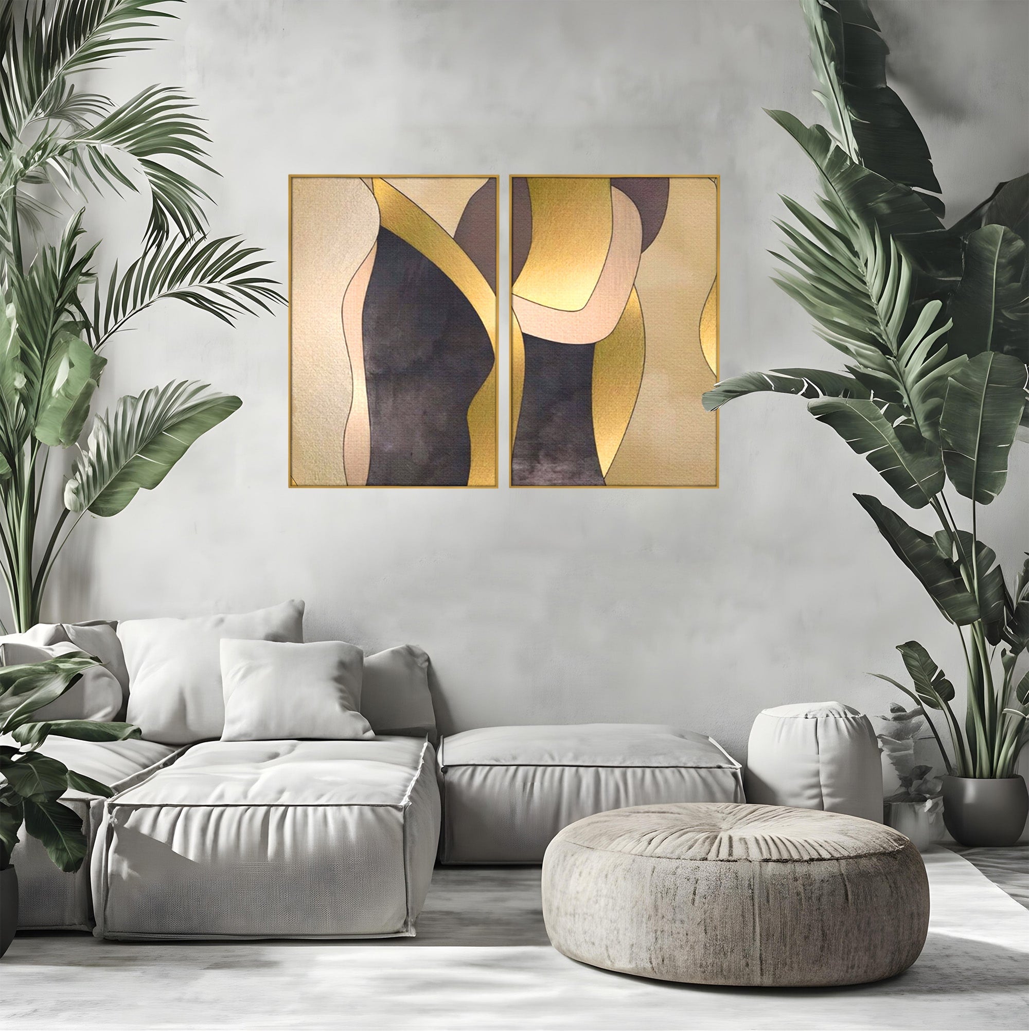 Set 2 Tablouri Canvas Premium LuxCanva® A2-1378, Siluete, Dormitor, Abstract, Auriu, Decorativ, Living, Culori Vibrante