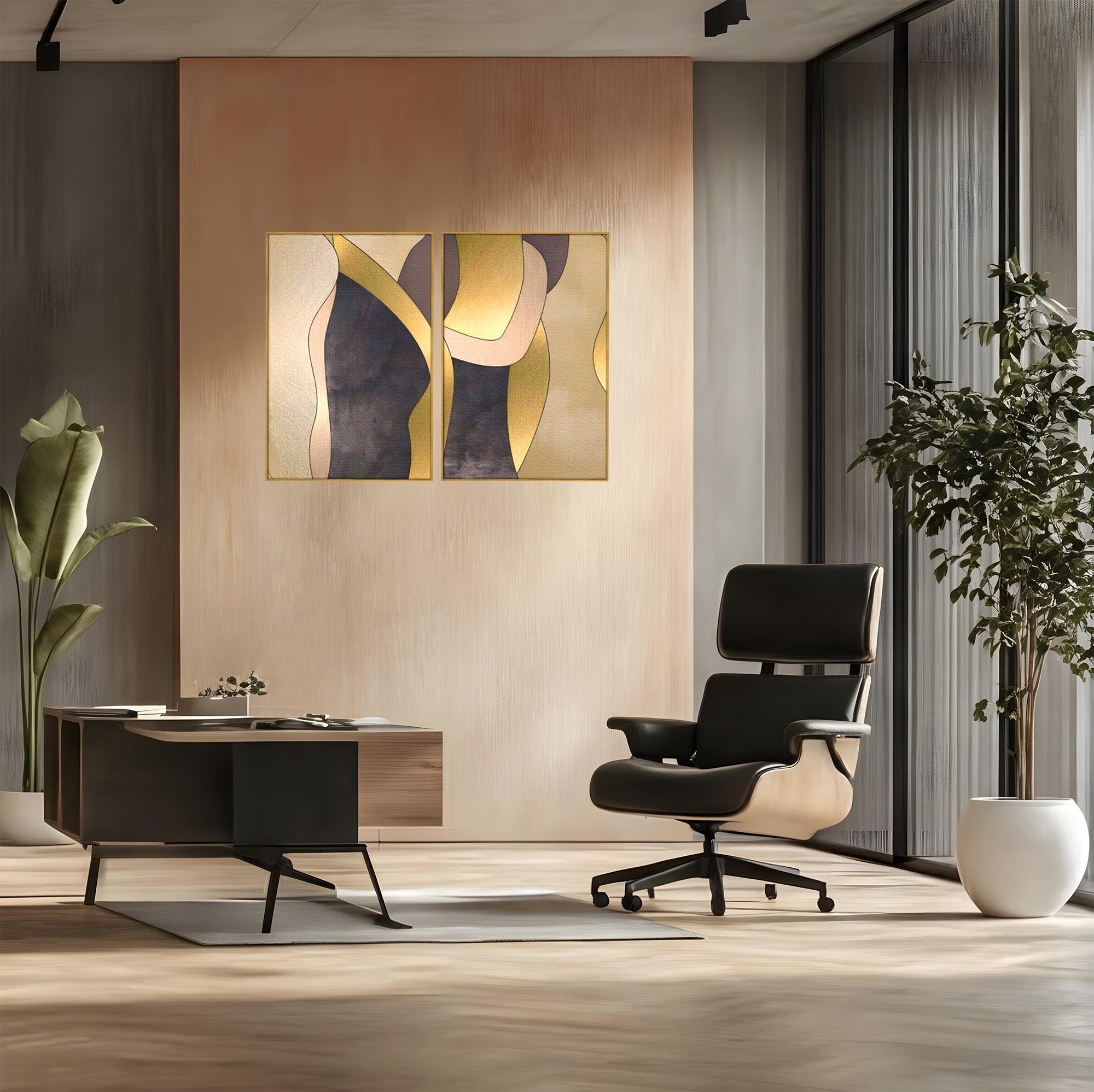 Set 2 Tablouri Canvas Premium LuxCanva® A2-1378, Siluete, Dormitor, Abstract, Auriu, Decorativ, Living, Culori Vibrante