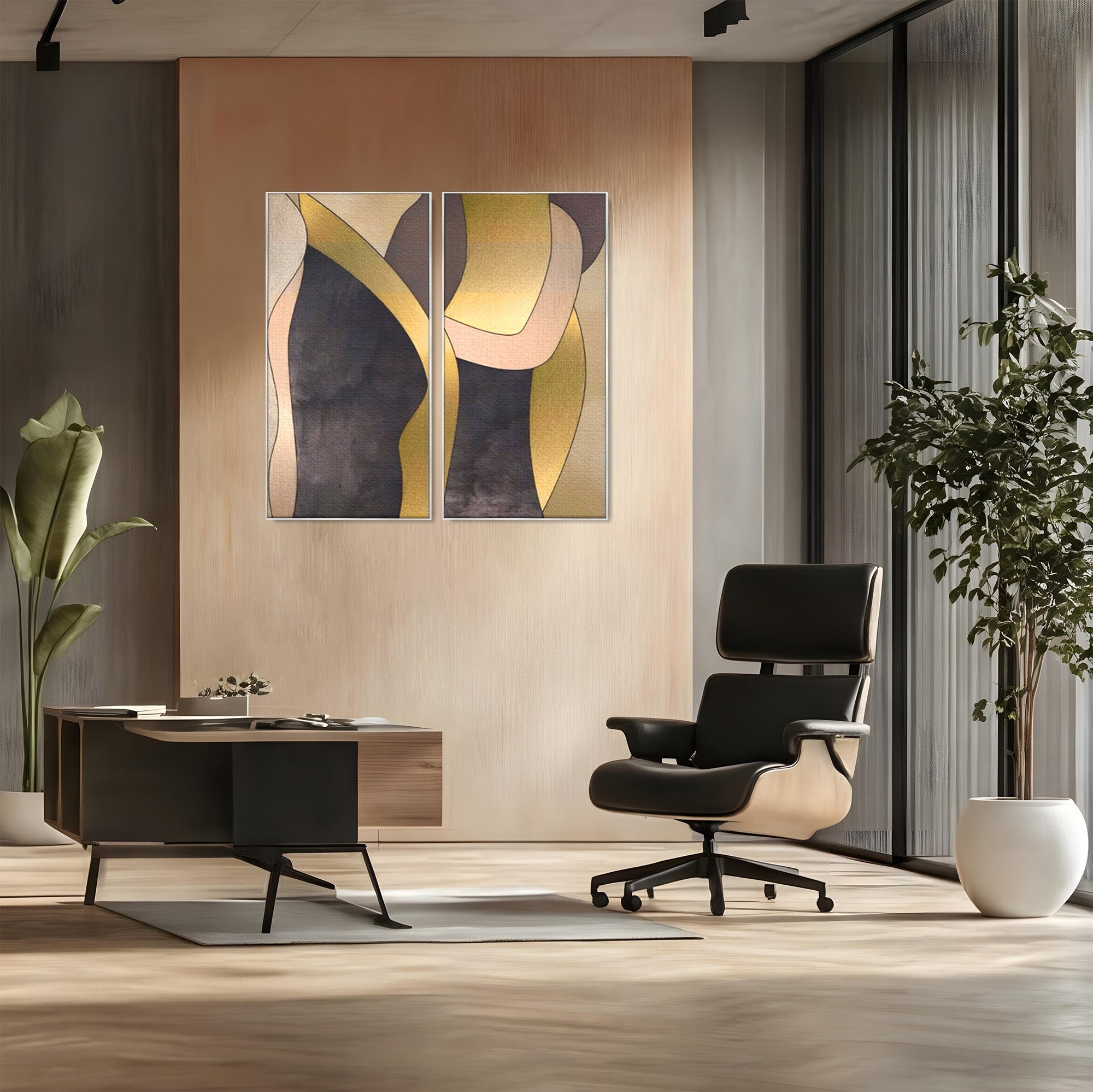 Set 2 Tablouri Canvas Premium LuxCanva® A2-1378, Siluete, Dormitor, Abstract, Auriu, Decorativ, Living, Culori Vibrante
