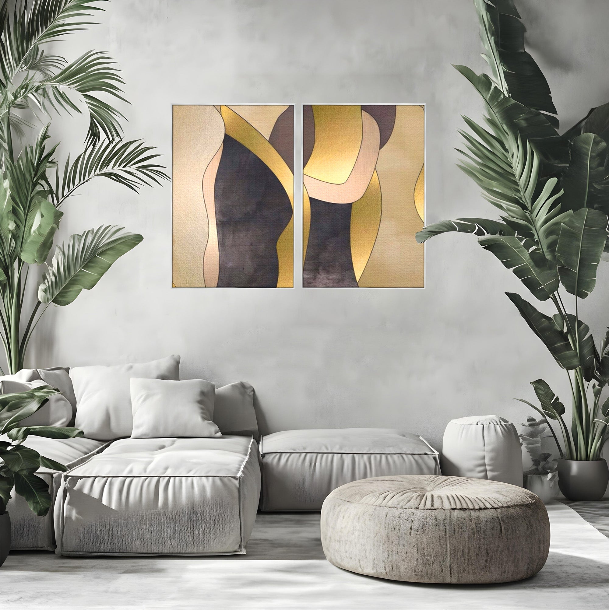 Set 2 Tablouri Canvas Premium LuxCanva® A2-1378, Siluete, Dormitor, Abstract, Auriu, Decorativ, Living, Culori Vibrante