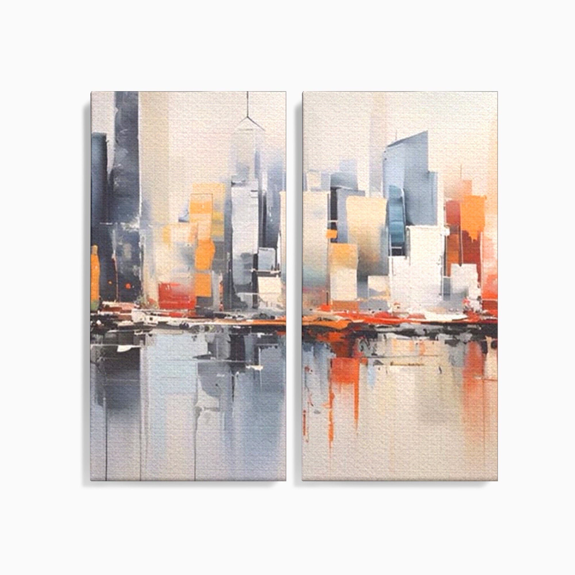 Set 2 Tablouri Canvas Premium LuxCanva® A2-1386, The City, Living, Oras, Cladiri, Reflexie, Dormitor, Culori Vibrante