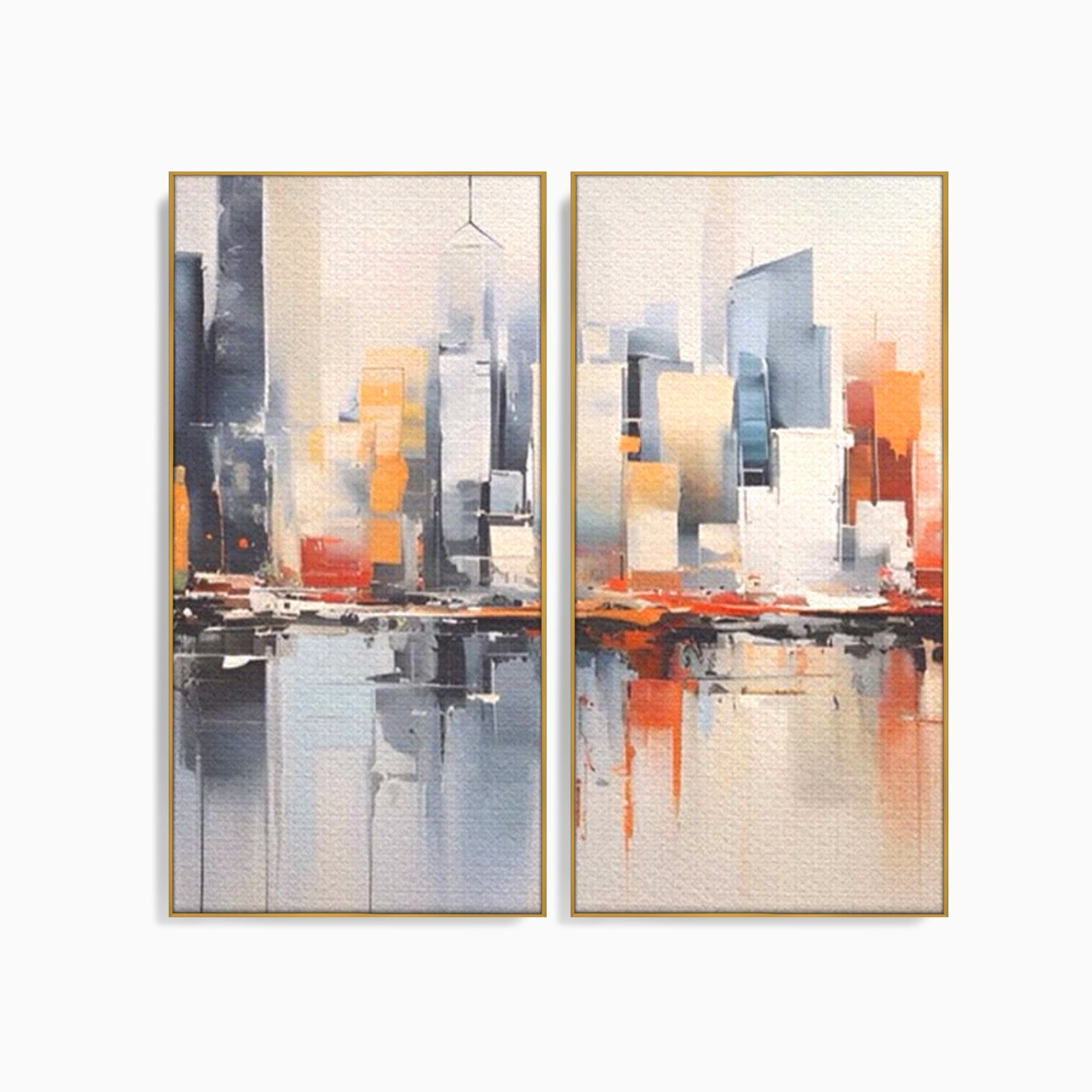Set 2 Tablouri Canvas Premium LuxCanva® A2-1386, The City, Living, Oras, Cladiri, Reflexie, Dormitor, Culori Vibrante