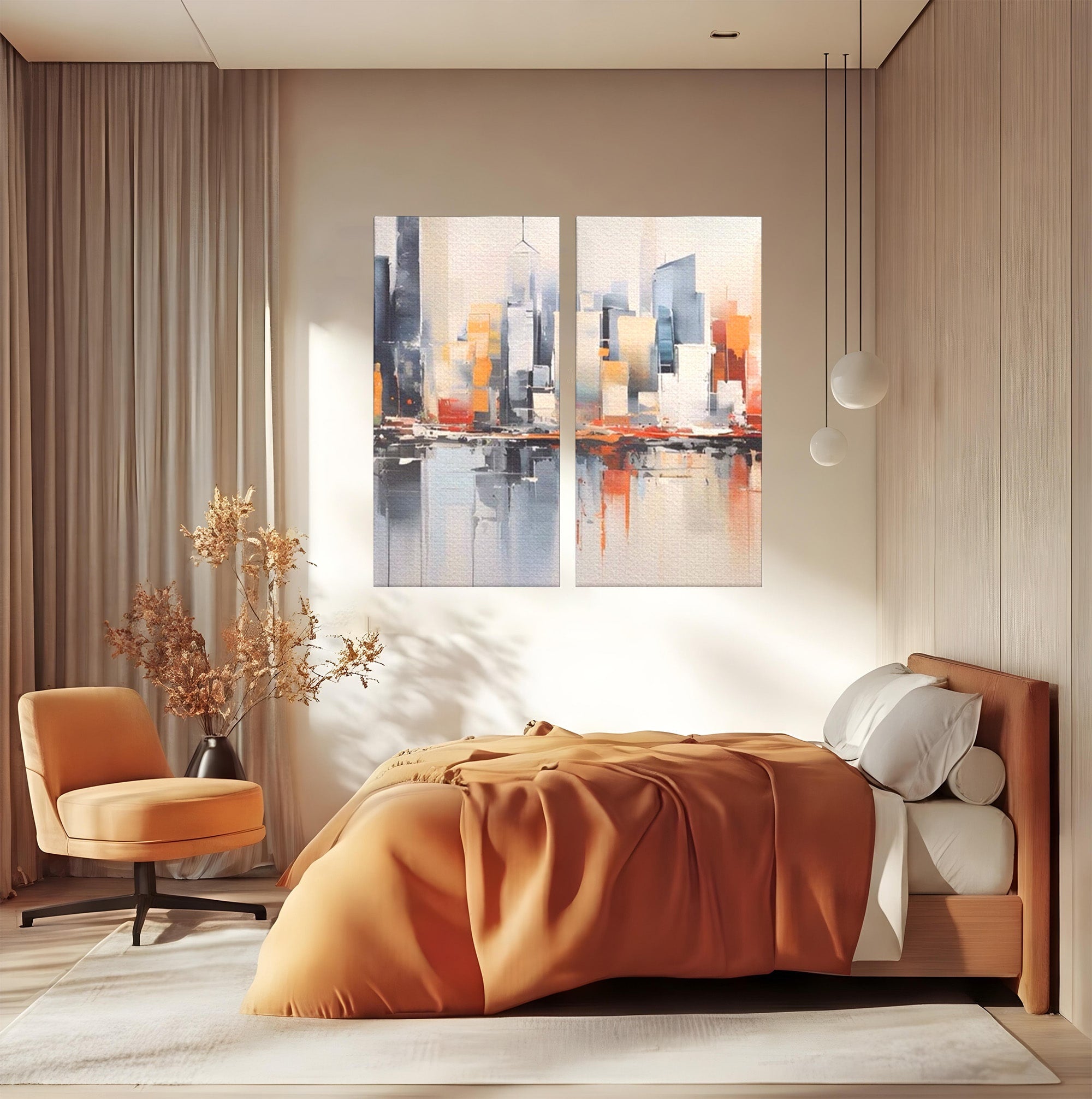 Set 2 Tablouri Canvas Premium LuxCanva® A2-1386, The City, Living, Oras, Cladiri, Reflexie, Dormitor, Culori Vibrante