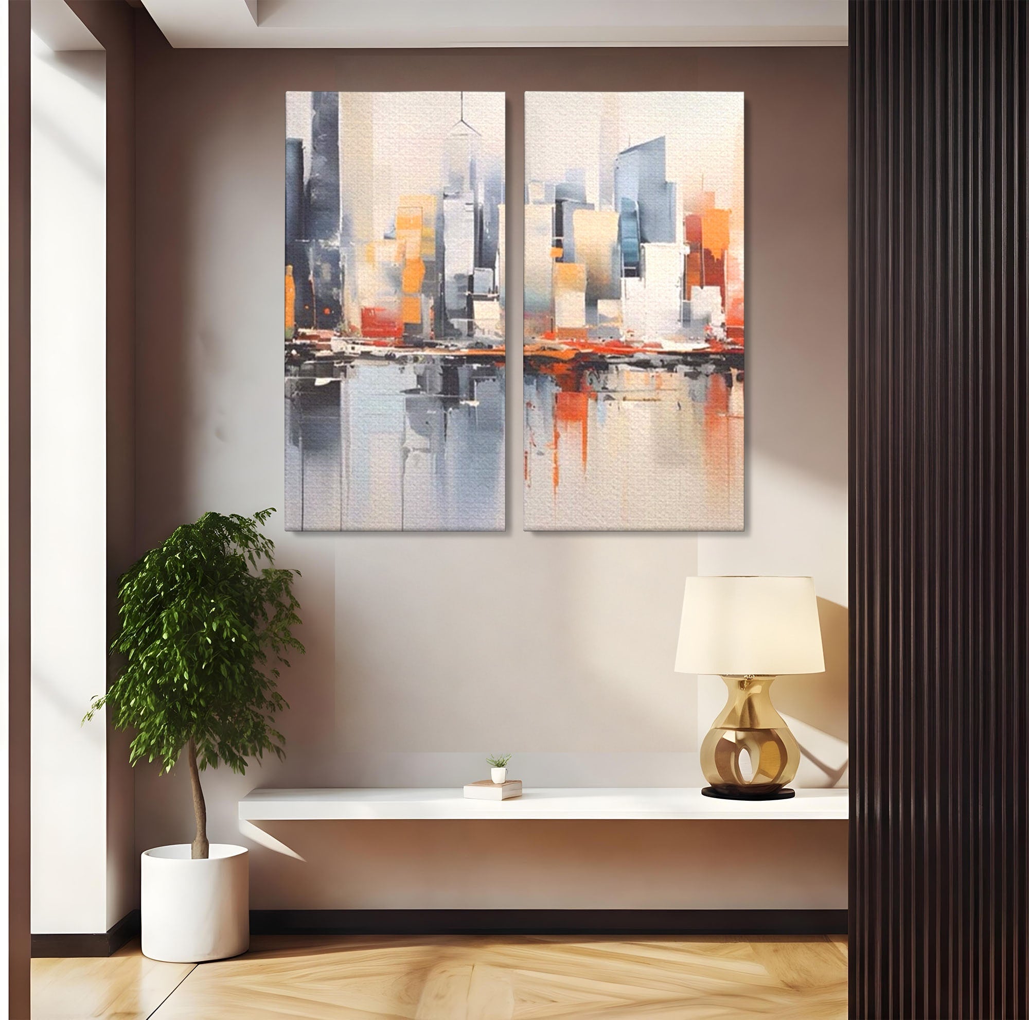 Set 2 Tablouri Canvas Premium LuxCanva® A2-1386, The City, Living, Oras, Cladiri, Reflexie, Dormitor, Culori Vibrante