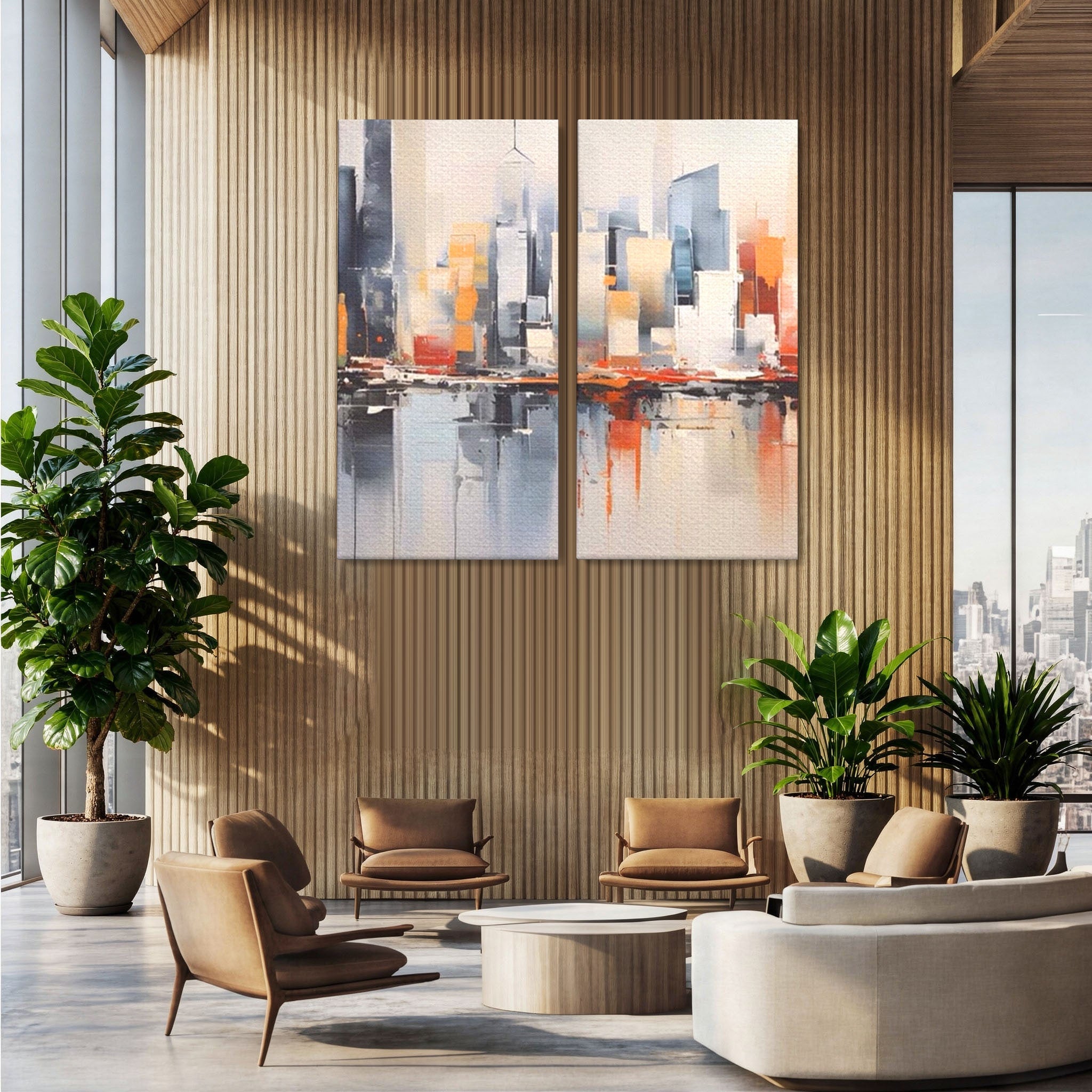 Set 2 Tablouri Canvas Premium LuxCanva® A2-1386, The City, Living, Oras, Cladiri, Reflexie, Dormitor, Culori Vibrante