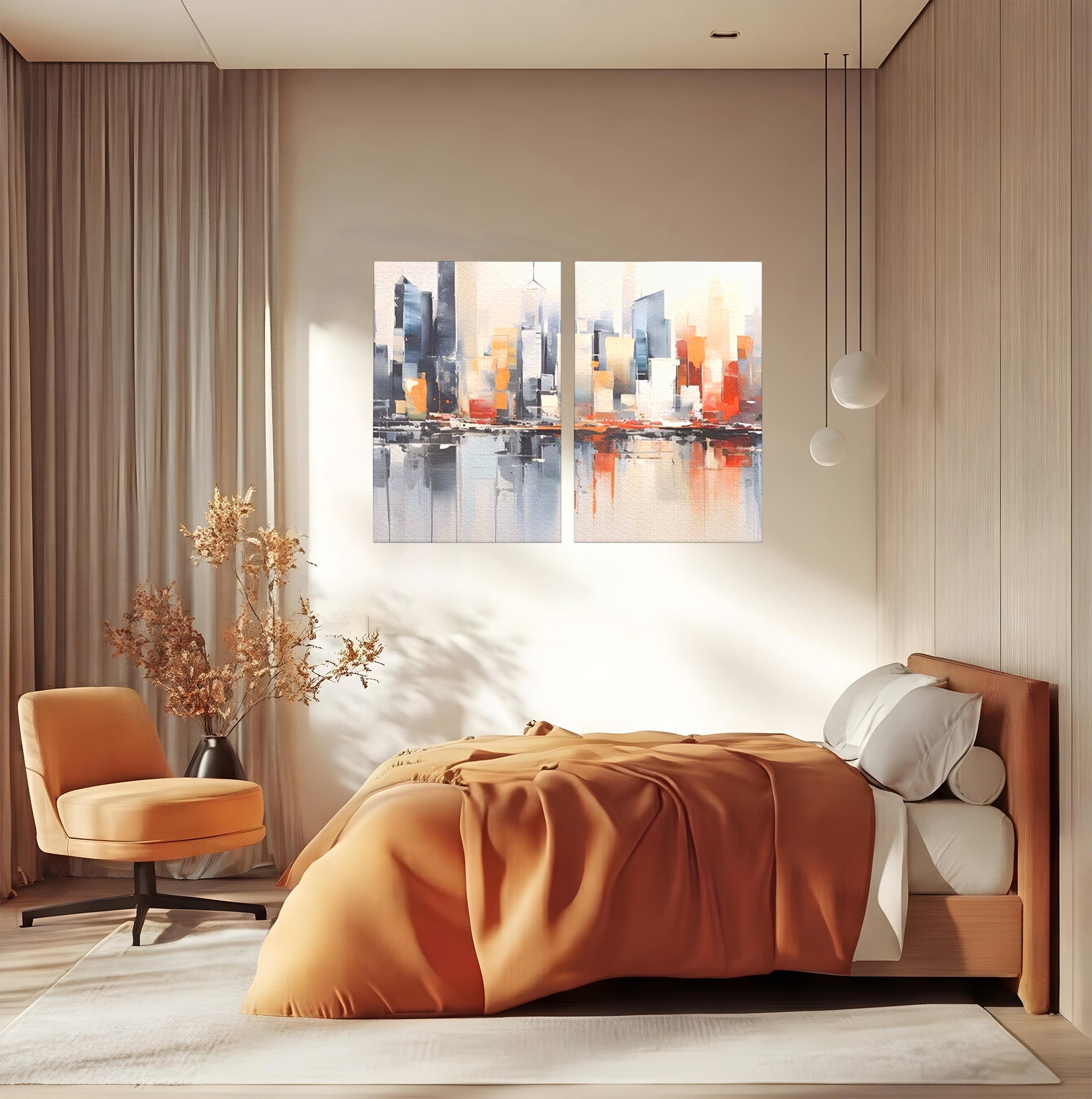 Set 2 Tablouri Canvas Premium LuxCanva® A2-1386, The City, Living, Oras, Cladiri, Reflexie, Dormitor, Culori Vibrante