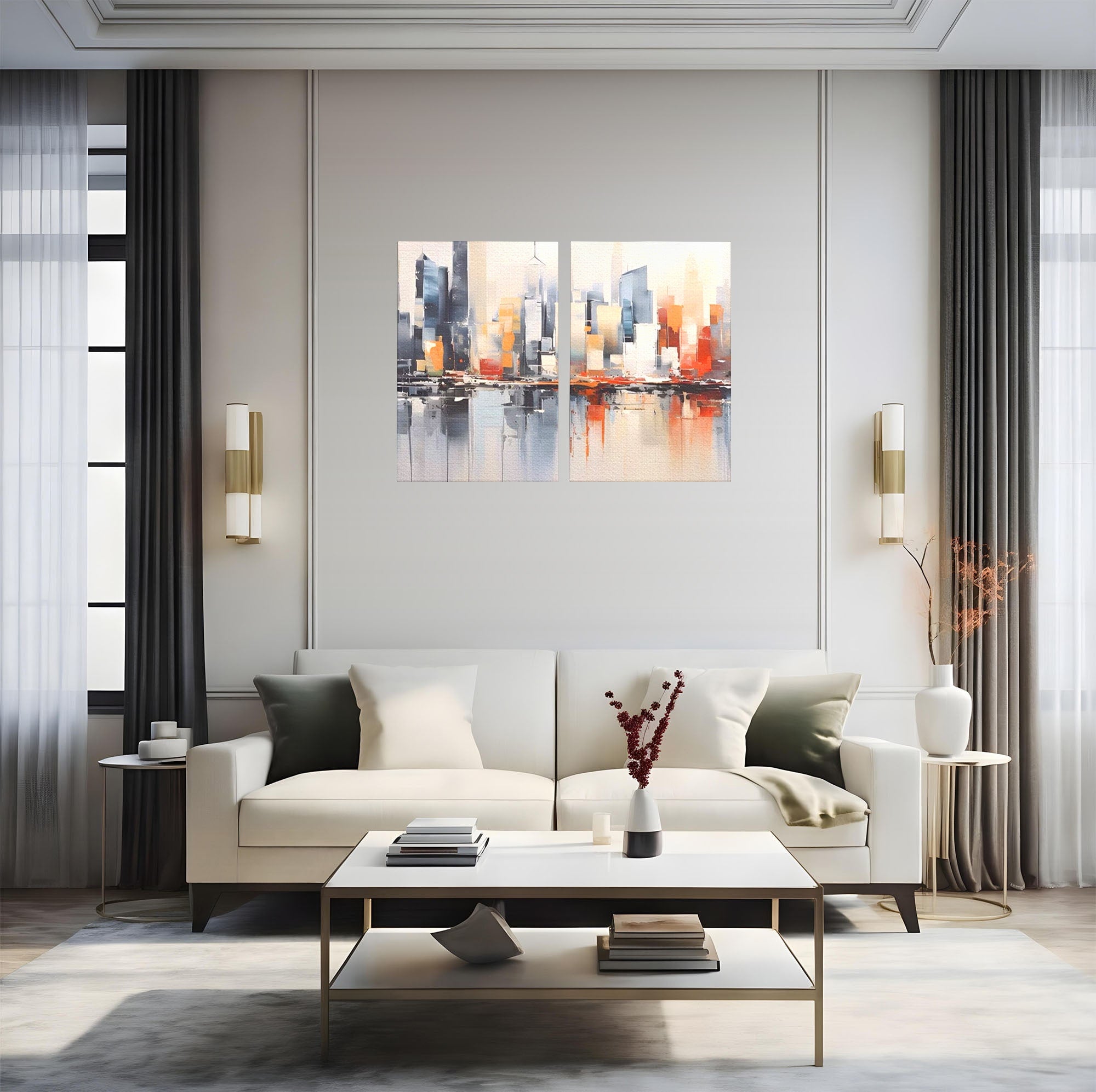 Set 2 Tablouri Canvas Premium LuxCanva® A2-1386, The City, Living, Oras, Cladiri, Reflexie, Dormitor, Culori Vibrante