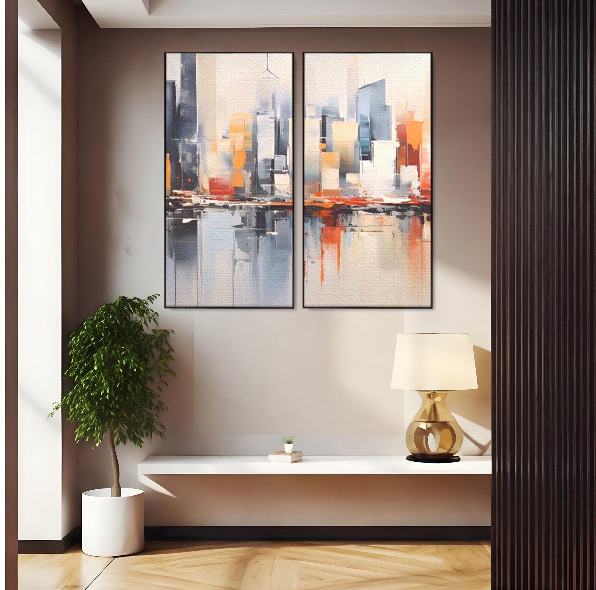 Set 2 Tablouri Canvas Premium LuxCanva® A2-1386, The City, Living, Oras, Cladiri, Reflexie, Dormitor, Culori Vibrante