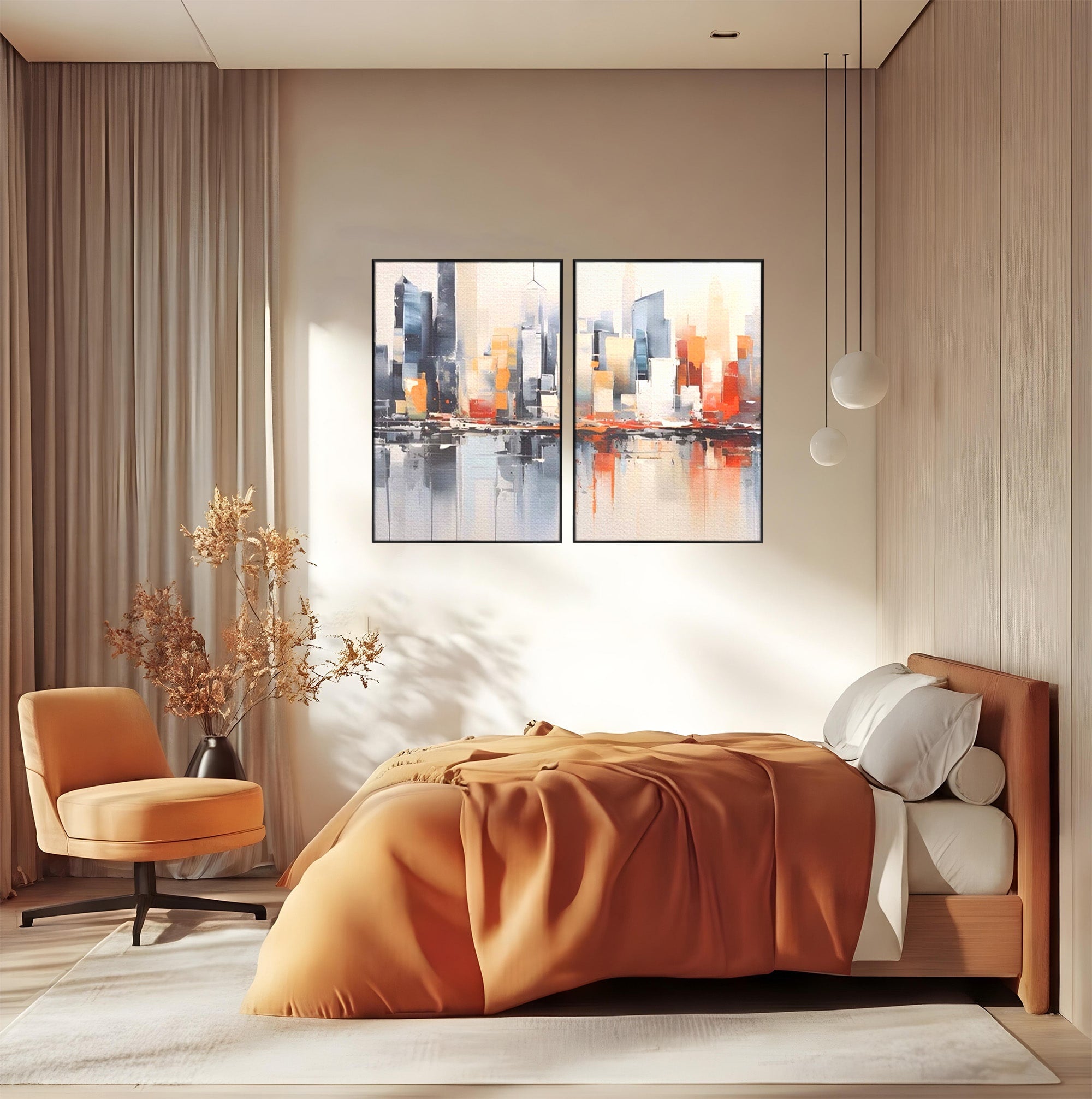 Set 2 Tablouri Canvas Premium LuxCanva® A2-1386, The City, Living, Oras, Cladiri, Reflexie, Dormitor, Culori Vibrante