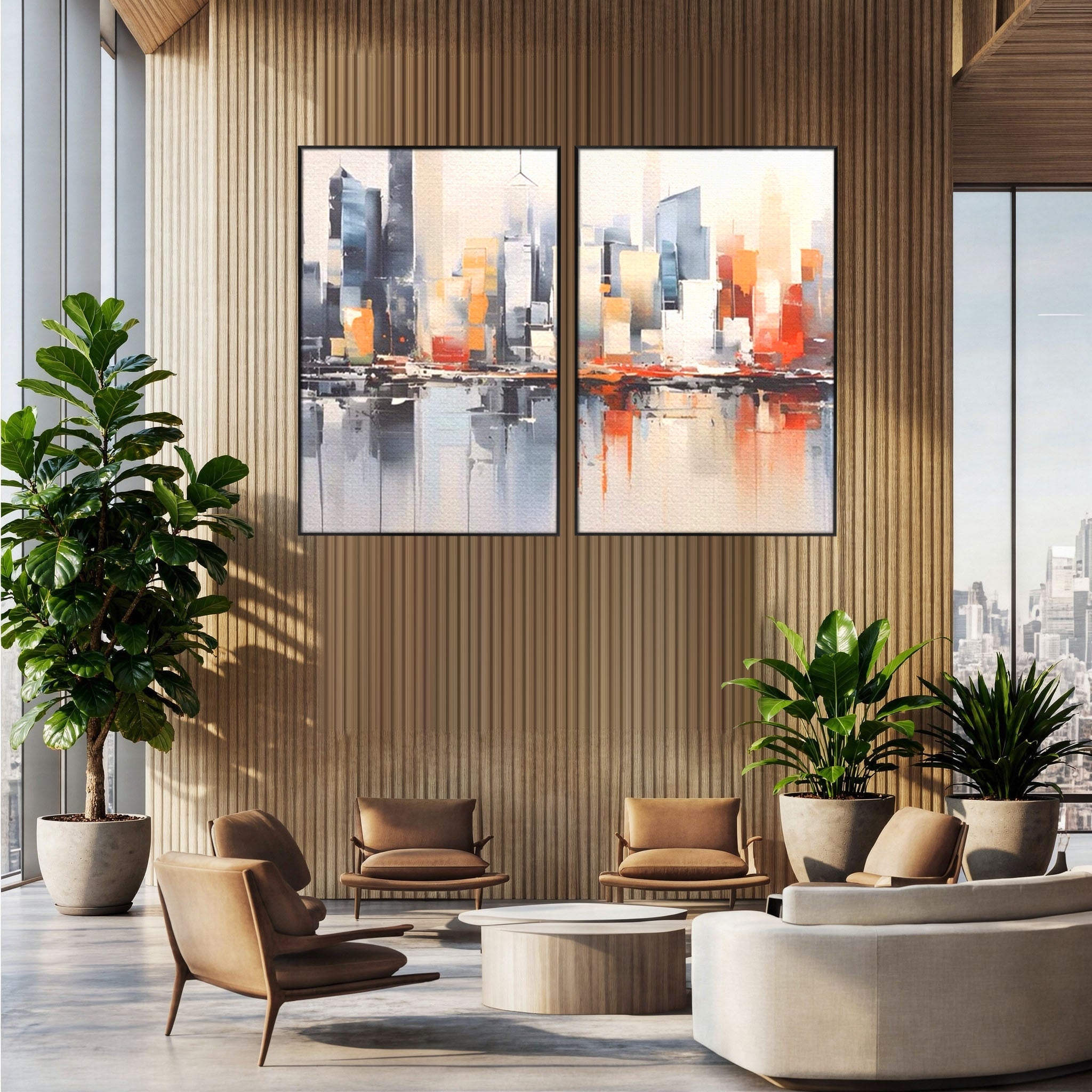 Set 2 Tablouri Canvas Premium LuxCanva® A2-1386, The City, Living, Oras, Cladiri, Reflexie, Dormitor, Culori Vibrante