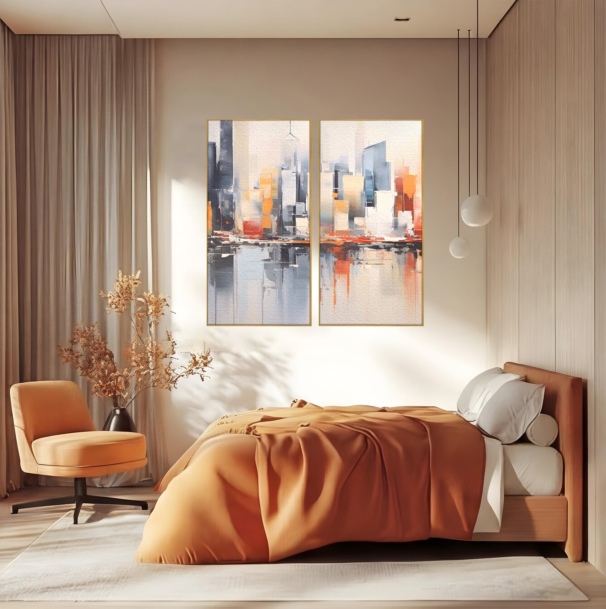 Set 2 Tablouri Canvas Premium LuxCanva® A2-1386, The City, Living, Oras, Cladiri, Reflexie, Dormitor, Culori Vibrante