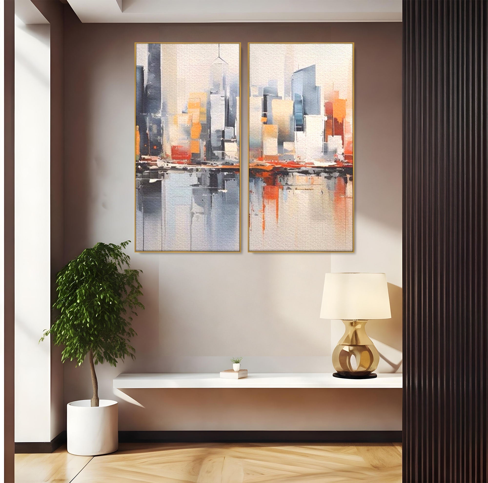 Set 2 Tablouri Canvas Premium LuxCanva® A2-1386, The City, Living, Oras, Cladiri, Reflexie, Dormitor, Culori Vibrante