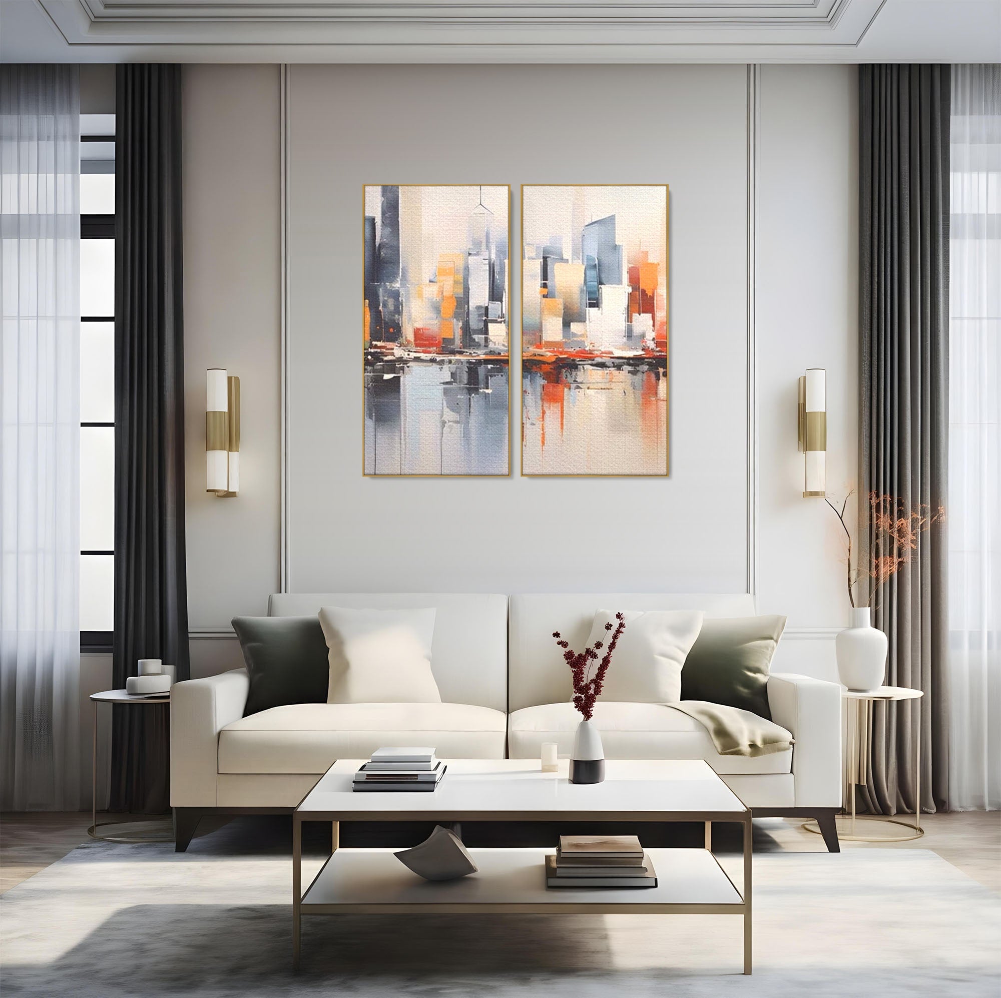 Set 2 Tablouri Canvas Premium LuxCanva® A2-1386, The City, Living, Oras, Cladiri, Reflexie, Dormitor, Culori Vibrante