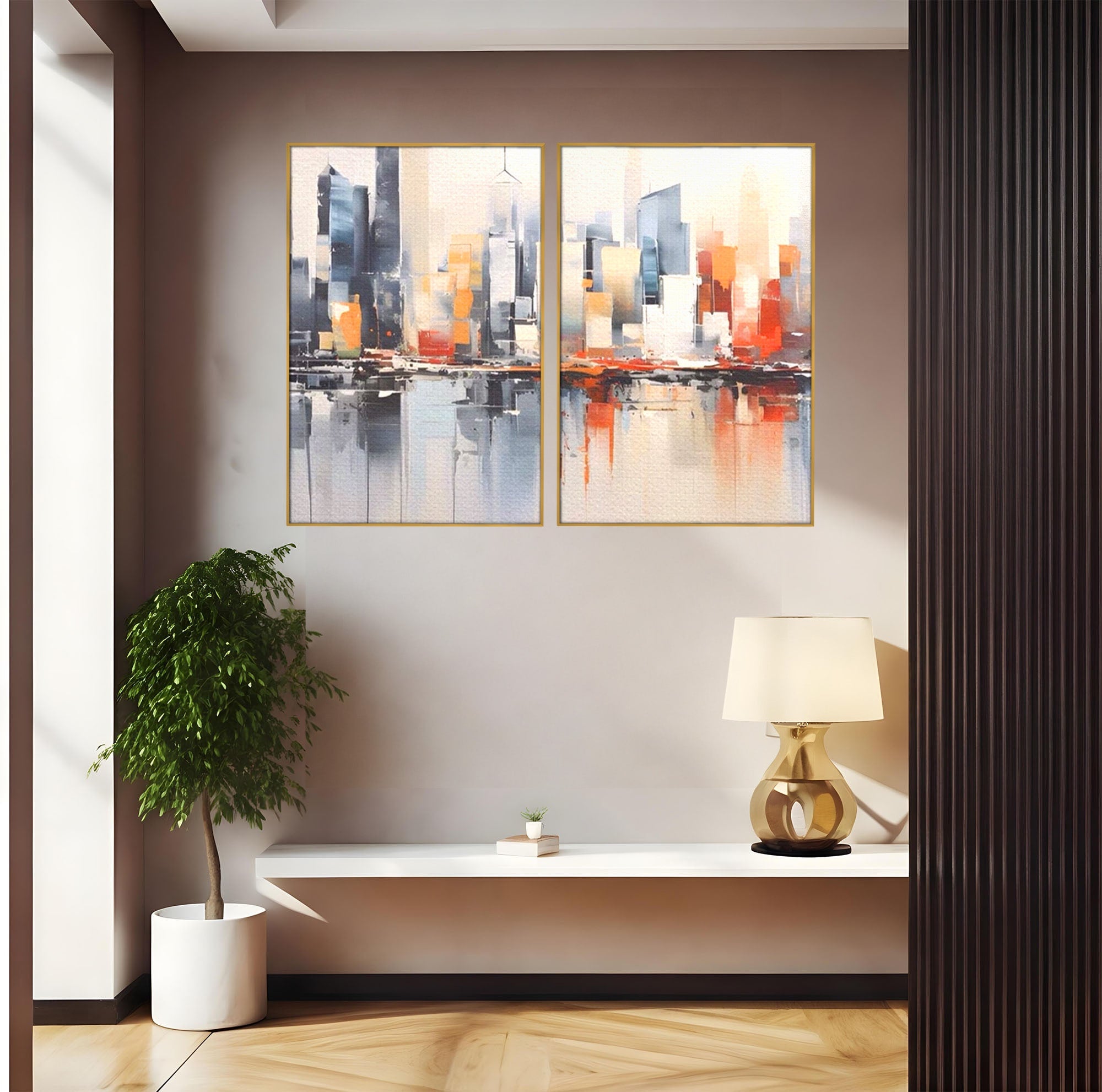 Set 2 Tablouri Canvas Premium LuxCanva® A2-1386, The City, Living, Oras, Cladiri, Reflexie, Dormitor, Culori Vibrante