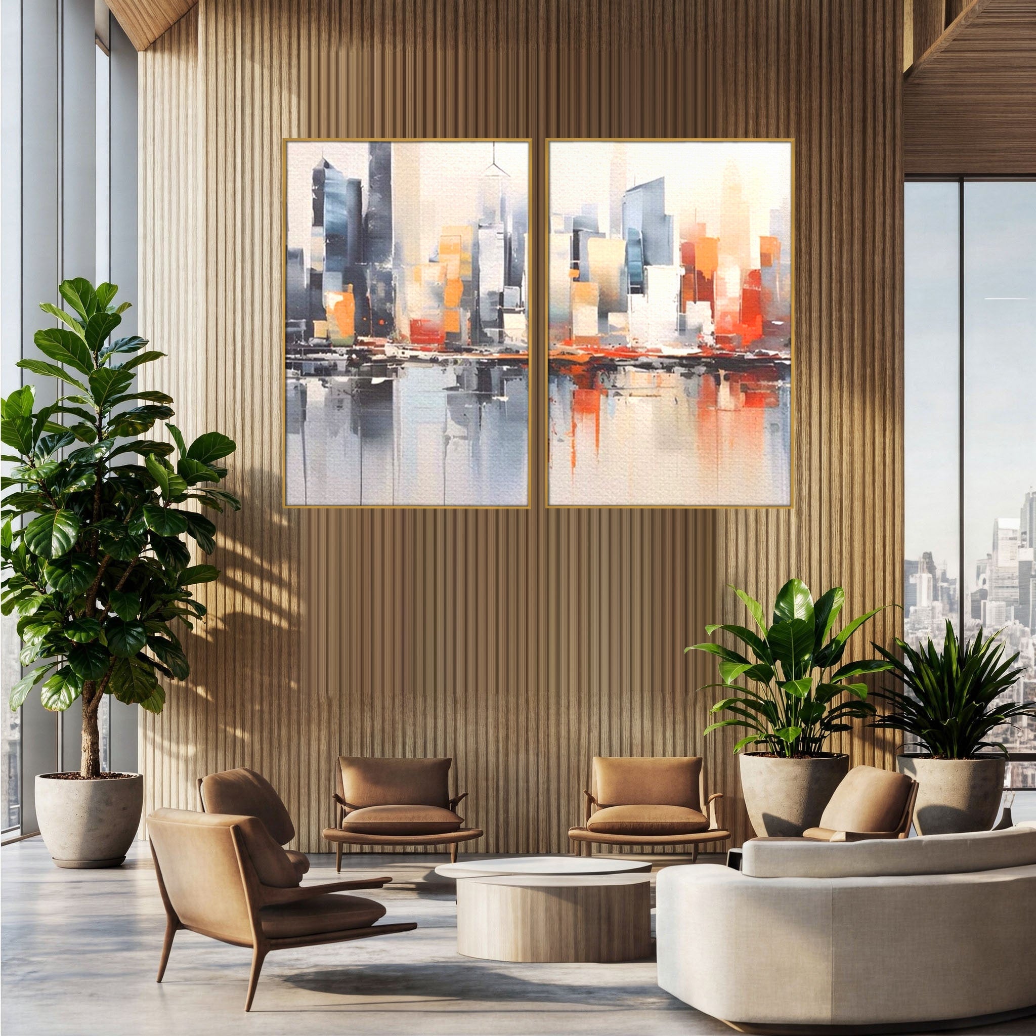 Set 2 Tablouri Canvas Premium LuxCanva® A2-1386, The City, Living, Oras, Cladiri, Reflexie, Dormitor, Culori Vibrante