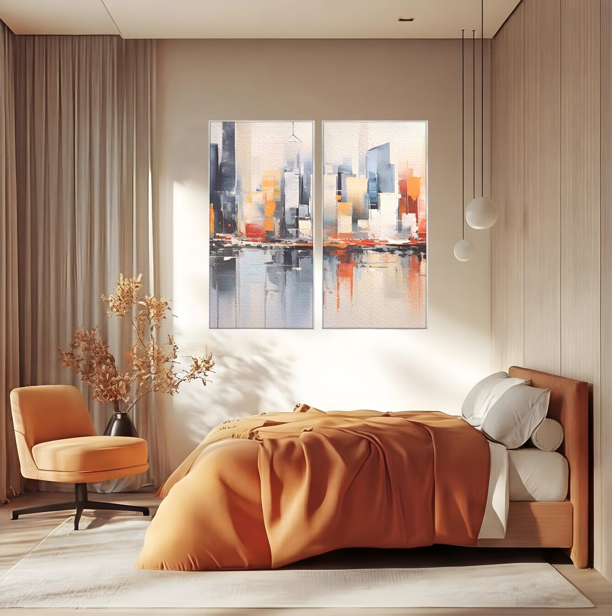 Set 2 Tablouri Canvas Premium LuxCanva® A2-1386, The City, Living, Oras, Cladiri, Reflexie, Dormitor, Culori Vibrante